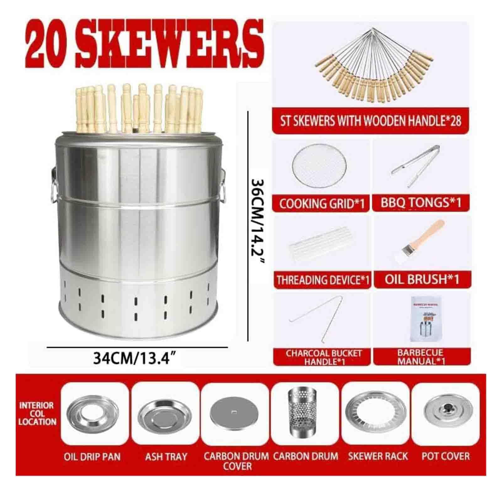 Bezdymny grill wiszący z szaszłykami ze stali nierdzewnej, grill na węgiel drzewny z przenośną beczką, uniwersalny grill 360°, do gotowania na świeżym powietrzu