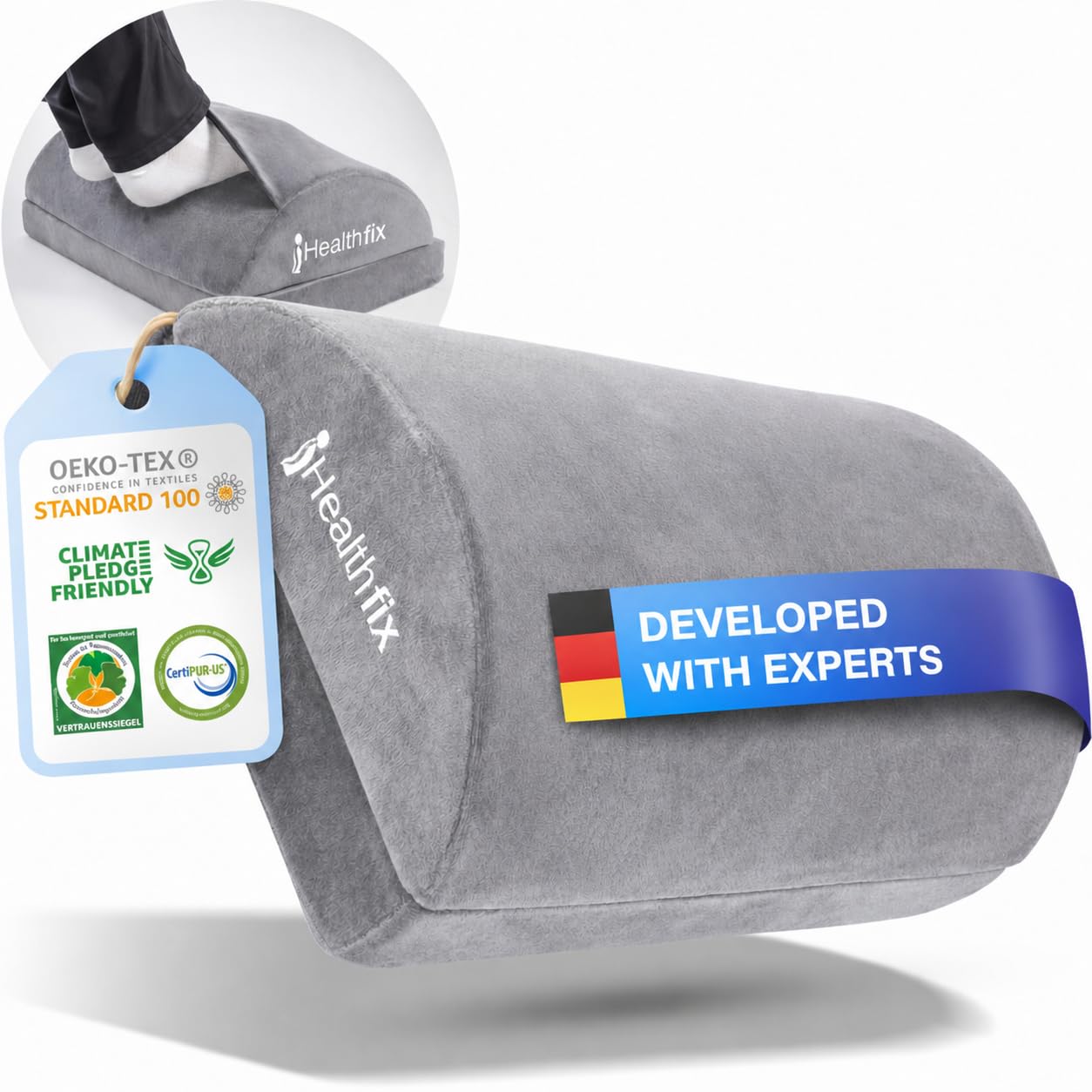 Healthfix Reposapiés ergonómico regulable en altura, pies calientes gracias al bolsillo para los pies, reposapiés para oficina y oficina en casa (gris)