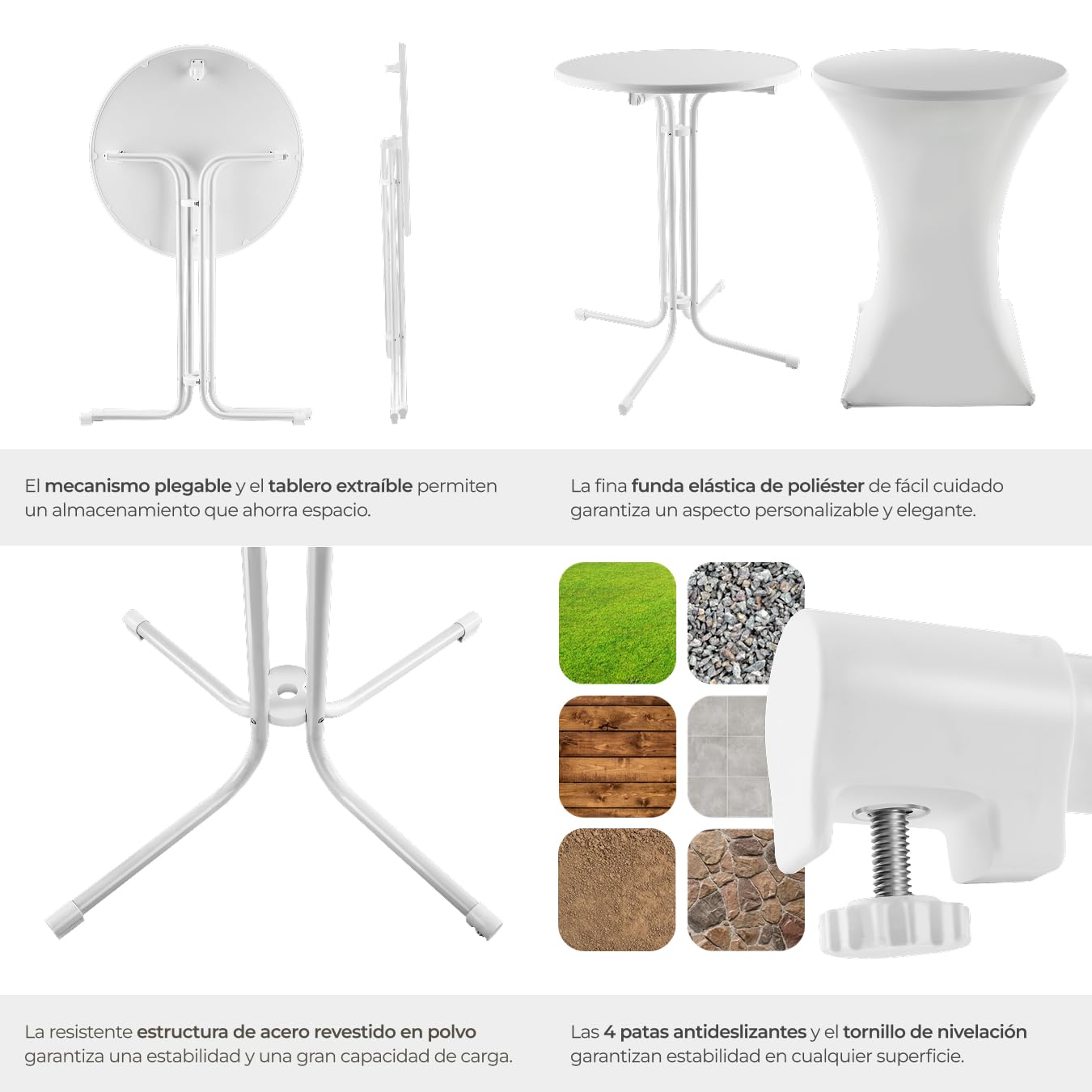 tectake® Mesa Alta con Estructura Plegable para Cocina, Comedor y Bar, Incluye Funda Lavable de Poliéster, Tablero de MDF Robusto, Estructura de Acero, Pies Antideslizantes, Fácil de Limpiar - Blanco