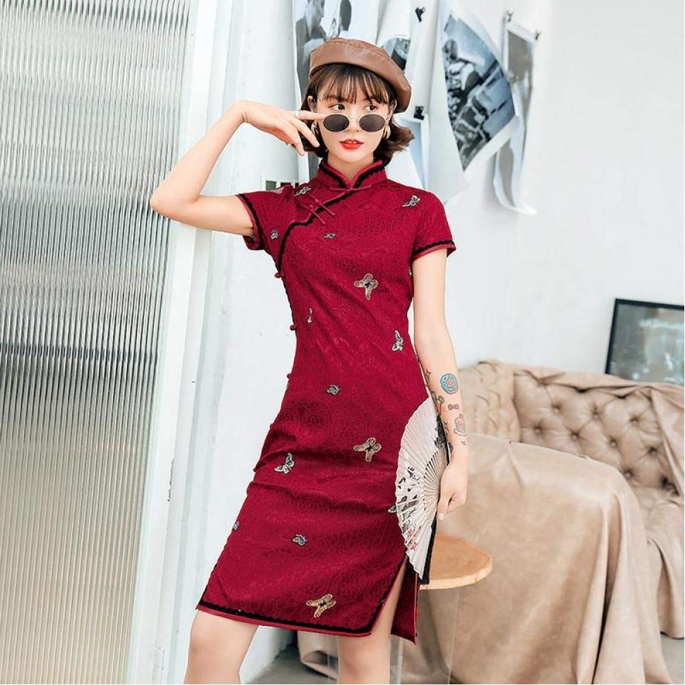 HINGTBlack Elegant Mandarin Collar Flower Cheongsam Lace Sexy Short Cheongsam High Slit Handmade Button Chinese Dress