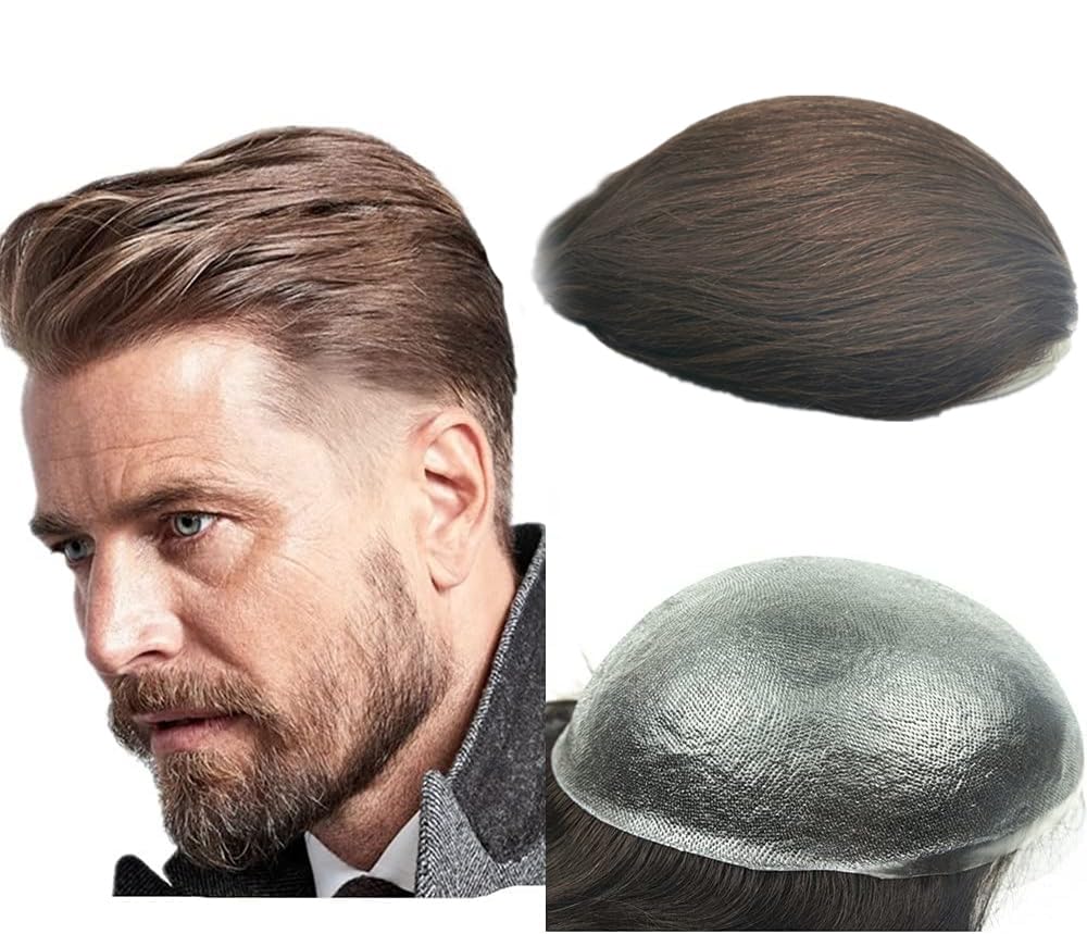 NLW Human Hair Toupee for men 0.04mm PU Skin Silicone toupee Hair prosthesis hair replacement system Gents hair piece Straight hair piece for man 10x8" base Men's wig #4 Light brown