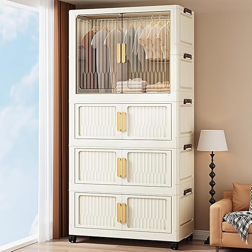HASTHIP® 4-Door Collapsible Plastic Wardrobe 55x33x141cm Stackable Folding Wardrobe Cabinet Organizer with Door Universal 