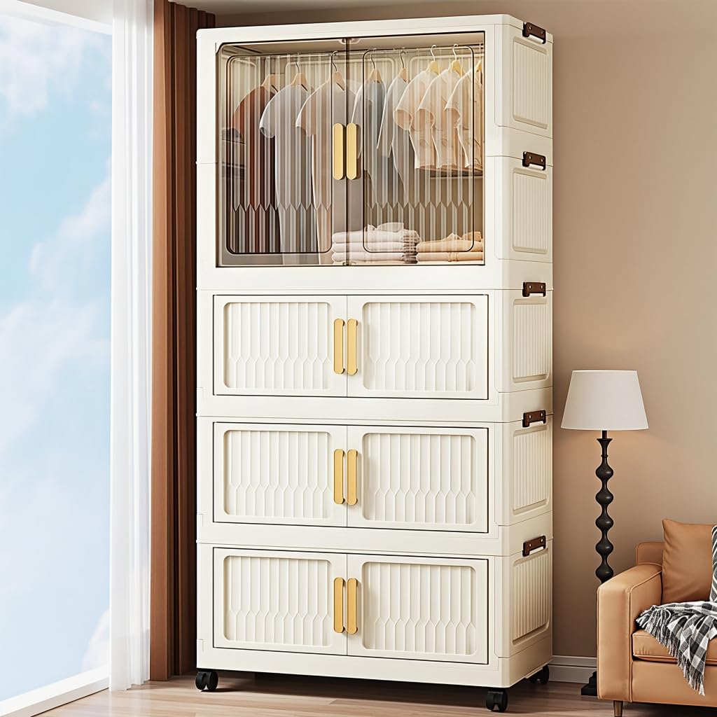 HASTHIP® 4-Door Collapsible Plastic Wardrobe 55x33x141cm Stackable Folding Wardrobe Cabinet Organizer with Door Universal Caster Wheels with Brake Freestanding Easy Almirah for Clothes and Bedroom-image-23