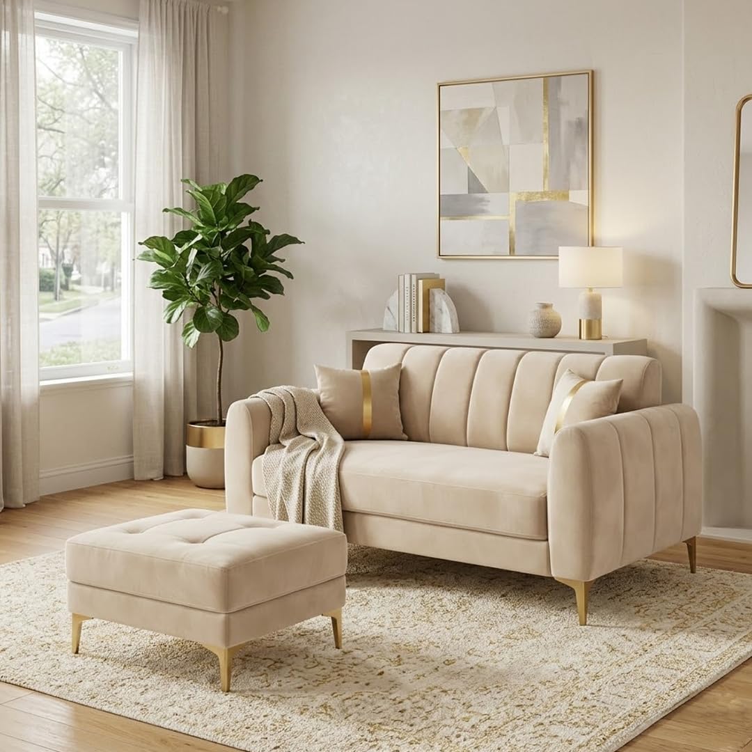 Hermione Luxe Velvet-Suede Fabric 2 Seater Sofa Set with Ottoman | Golden Legs | Comfortable Seating | Modern Sofa for Living Room – Cream-image-48