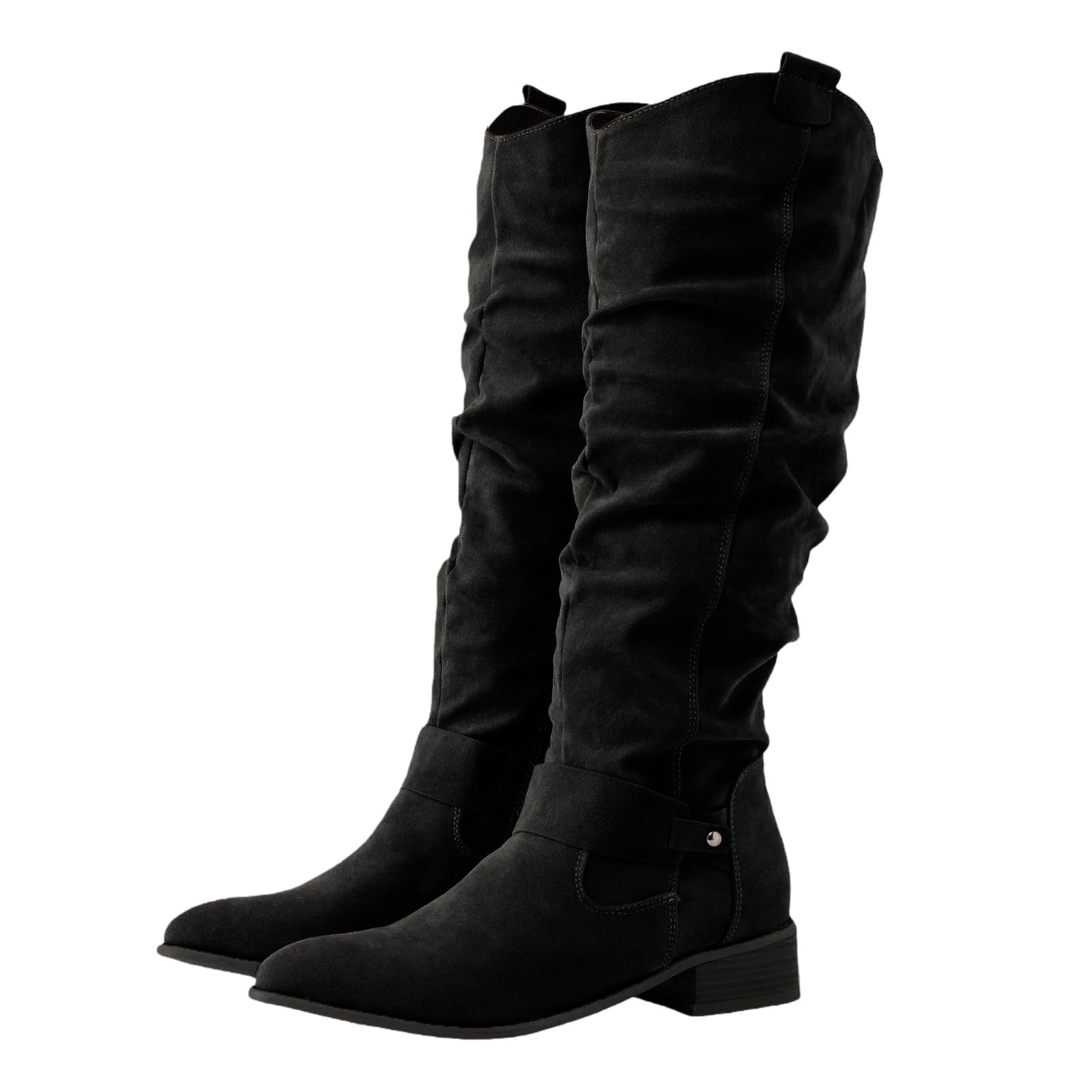 Women Mid Calf Slouch Boots Suede Slouchy Knee High Boots for Women Wide Calf Round Toe Chunky Low