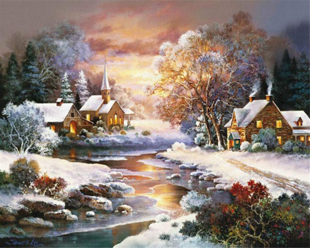 ABEUTY DIY Paint by Numbers for Adults Beginner - Dusk Snow in Winter 16x20 inches Number Painting (Wooden Framed)