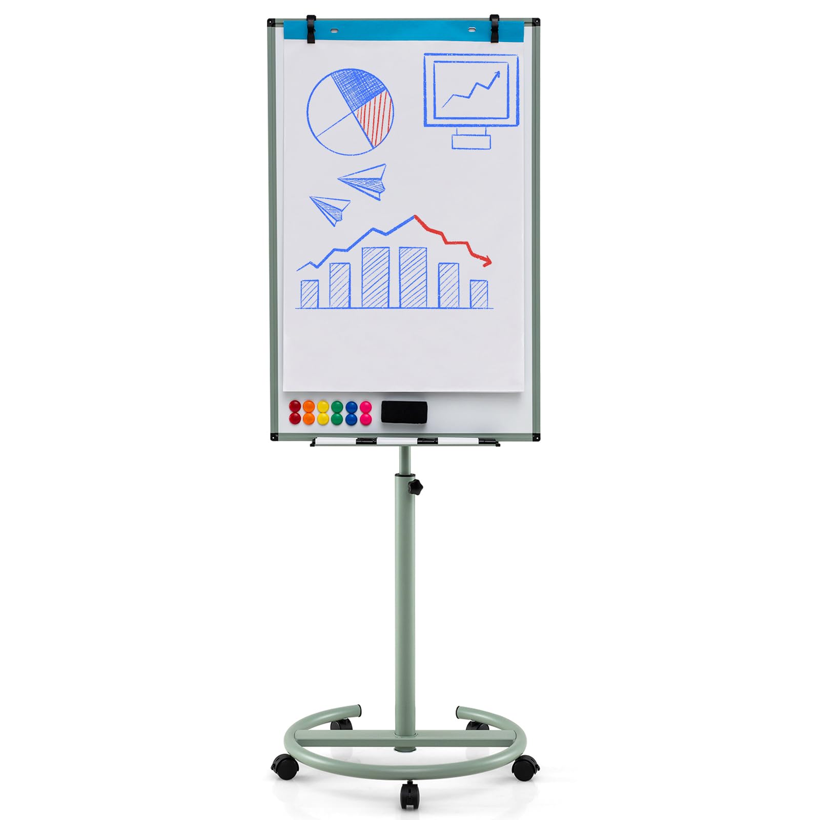 COSTWAY Flipchart Ständer, 100x65cm, mobiles Whiteboard auf Rollen, höhenverstellbar bis 192cm, trocken abwischbar, magnetisch, Flip Chart mit rundem Ständer, Magneten, Markern & Radierer