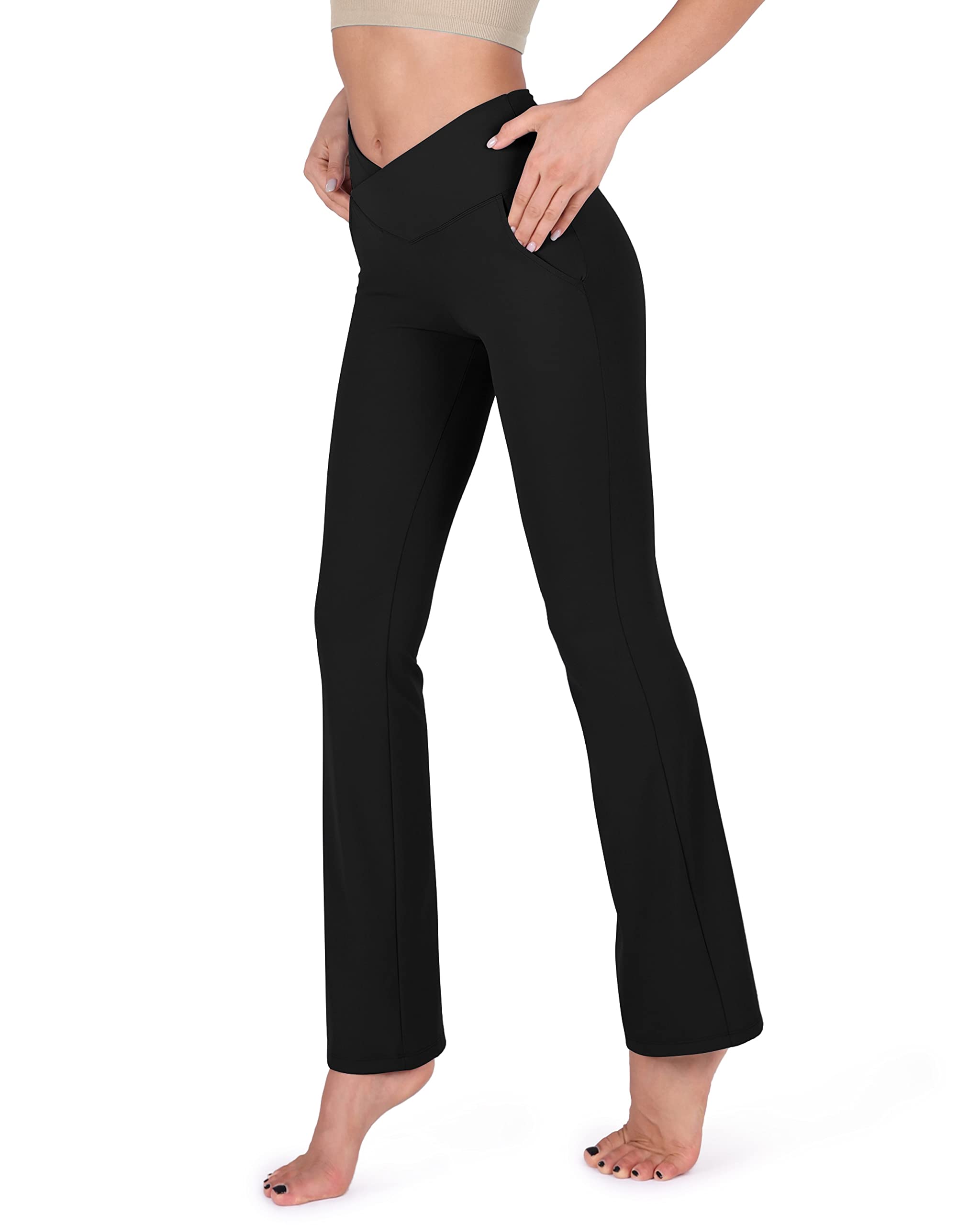 ODODOS Cross Waist Flare Yoga Pants for Women with Pockets, High