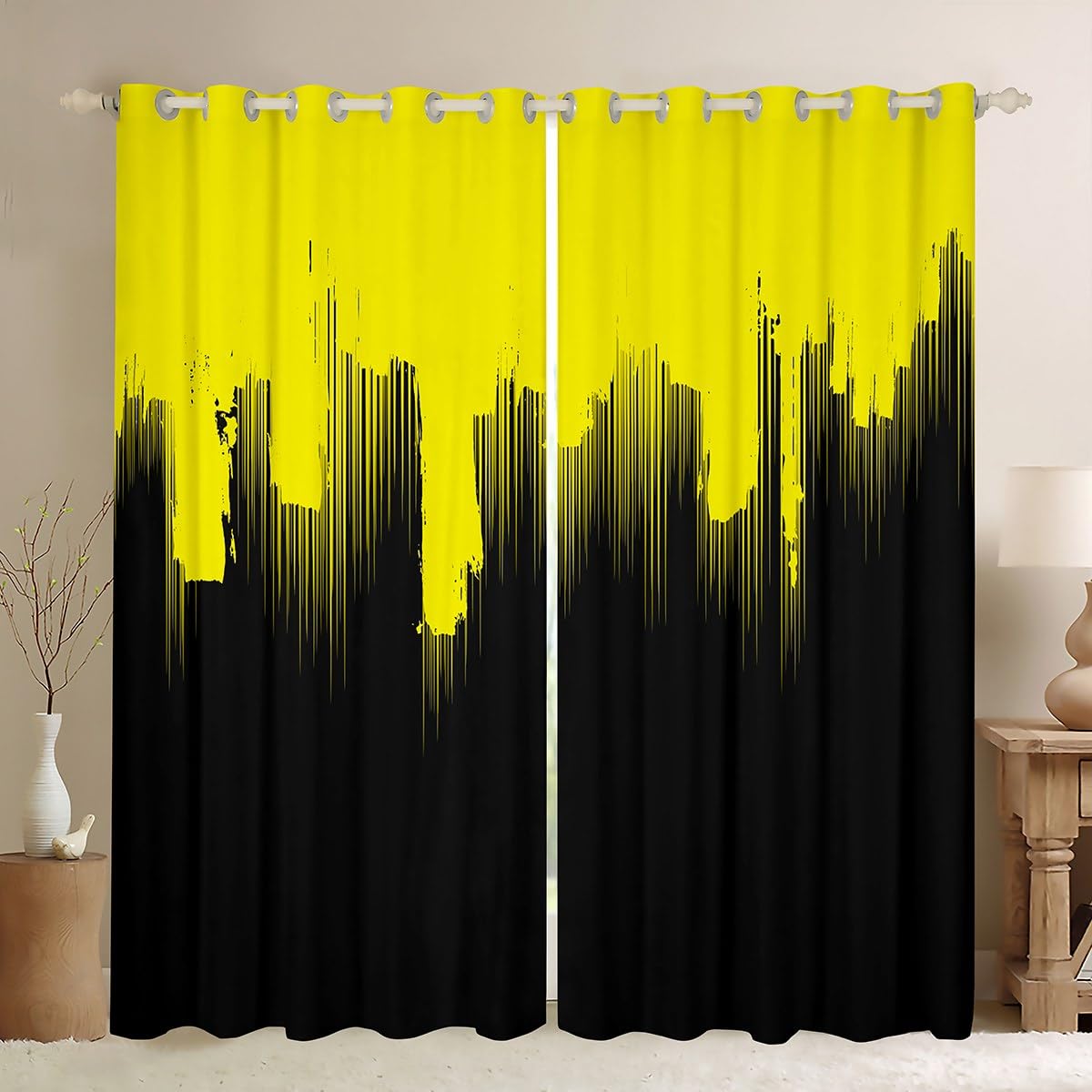 Loussiesd Kids Yellow Black Curtains for Bedroom Living Room (2 Panels, W52*L90) Ombre Stripes Darkening Dreapes Set Decor Abstract Art Blackout Curtains Modern Design Window Treatments — image 1