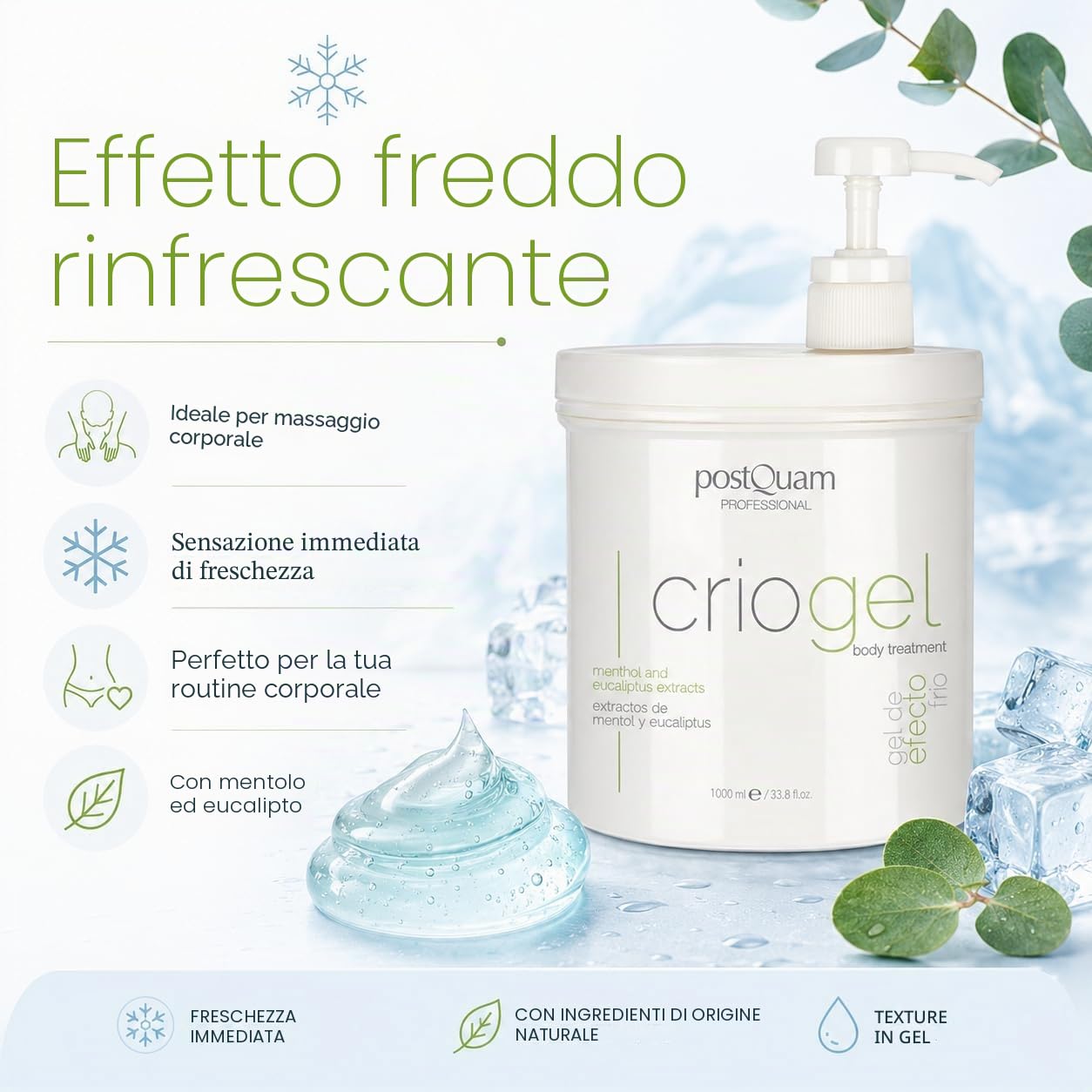 PostQuam – Criogel crema corpo effetto freddo anticellulite rassodante – Gel rinfrescante per gambe pesanti e cura del corpo adatto a tutti i tipi di pelle – 1000 ml