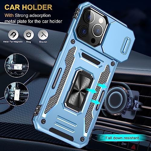 Image of Polycarbonate Slide Camera Cover with Ring Holder Mobile Phone Back Cover for iPhone 15 Pro (Blue)