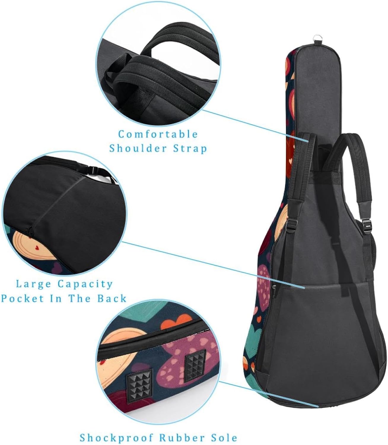 Acoustic Guitar Gig Bag 1 cm Thick Padding, Waterproof Electric Guitar Bag 40-42 Inch Guitar Case Backpack with Dual Shoulder Strap, Seamless Hearts Pattern