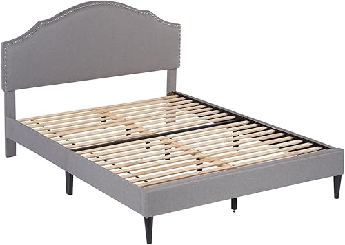 Miniatura 3 de PayLessHere Base de cama tapizada con base de colchón matrimonial con cabecera tapizada de tela y soporte de listones de madera, totalmente
