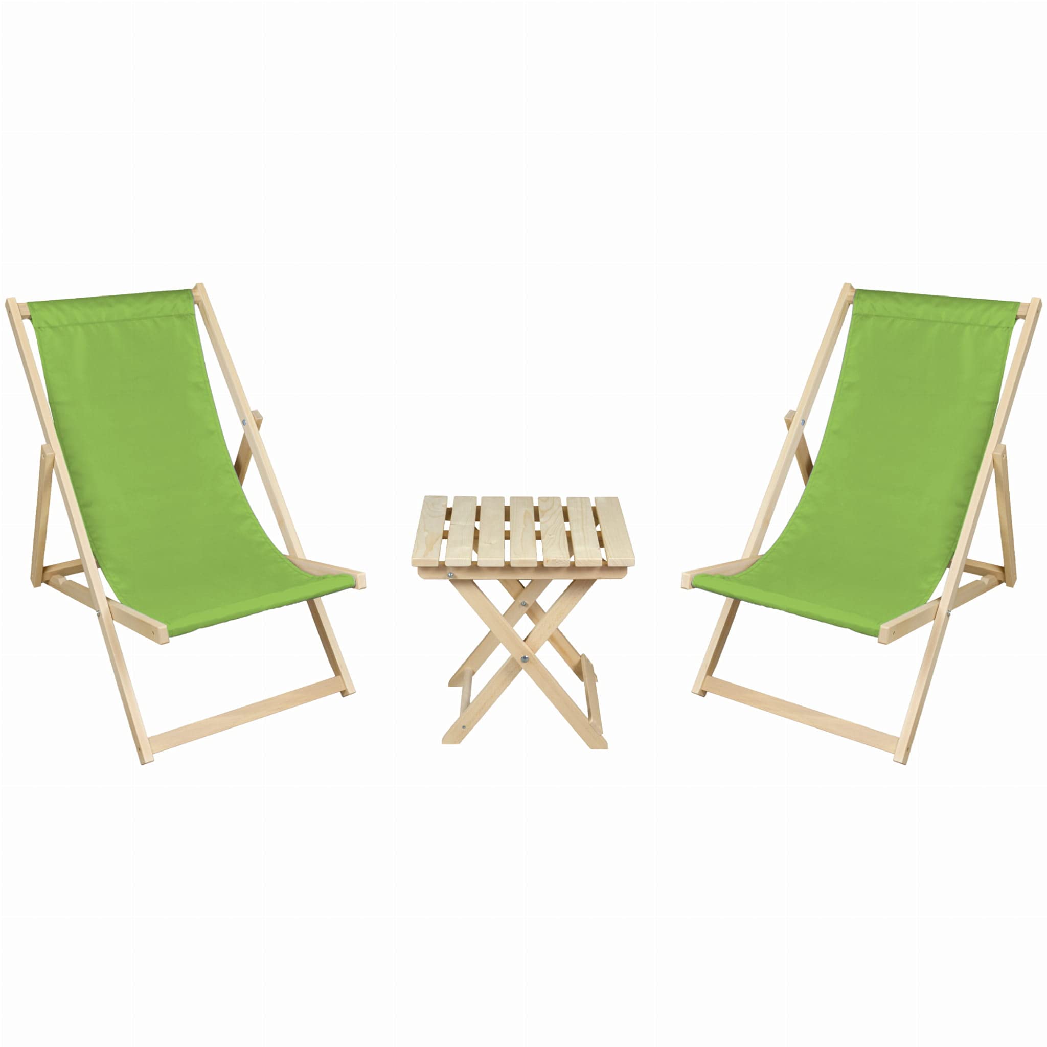 Merino Wool ZESTAW 2 x LLOUNGER + STÓŁ Nowoczesne Leżaki Do opalania Wyściełane Drewniane Krzesło Ogrodowe Morskie PATIO SEASIDE Składane Twarde Drewno Plaża (zielony)