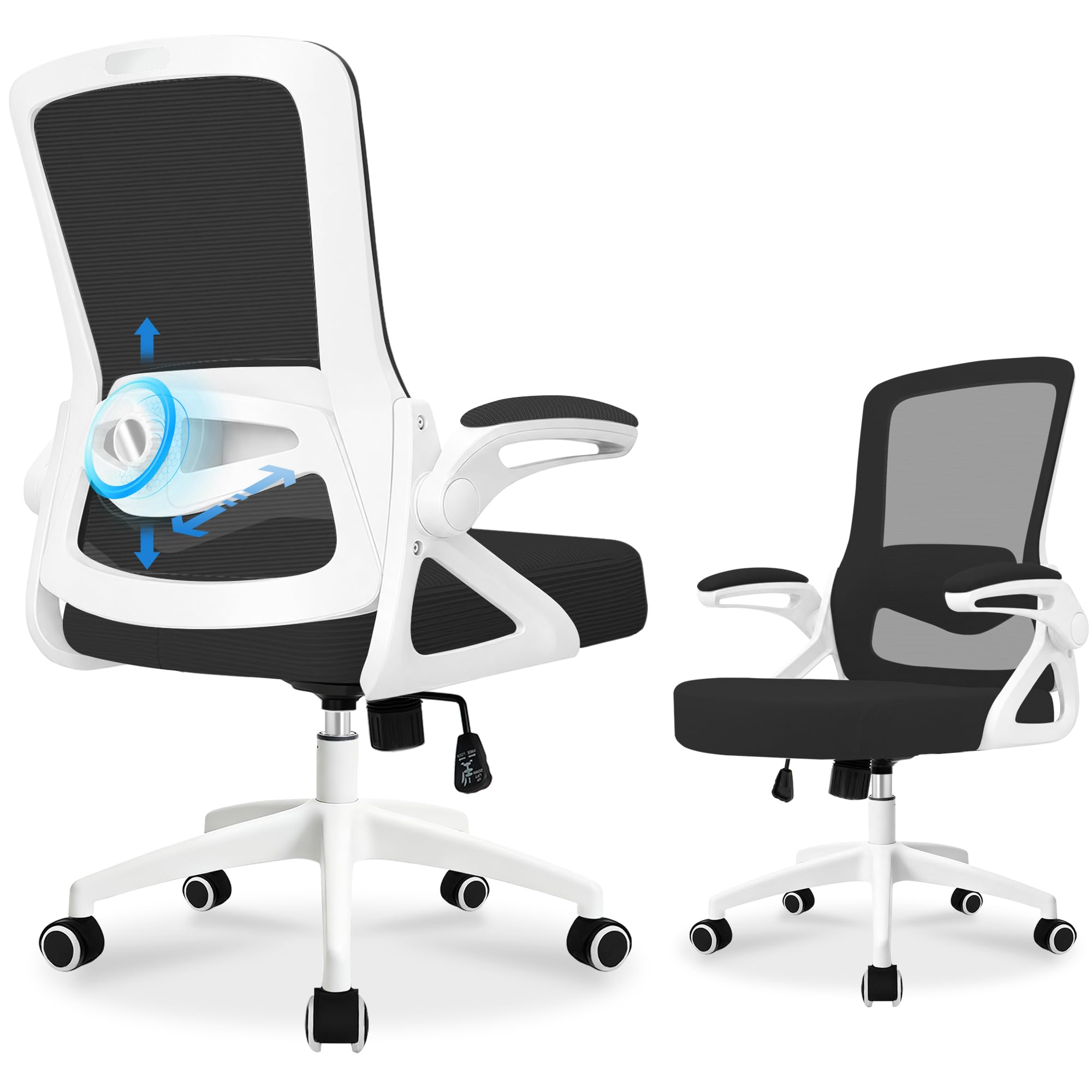 Durrafy Ergonomic Office Chair, 4D Lumbar Support Mesh Desk Chair with 90° Folding Armrests, 150kg Load Height Adjustable Computer Chair for Home Office White
