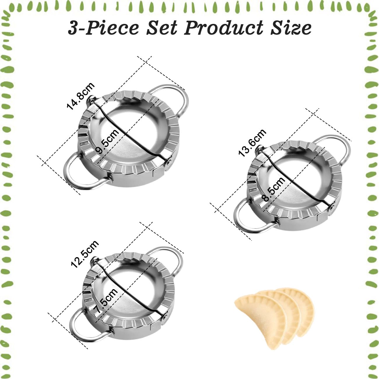 Lote de 3 moldes para empanadillas de diferentes tamaños de acero inoxidable para raviolis, dumplings y galletas (pequeño 75 mm, mediano 85 mm, grande 95 mm) — view 2