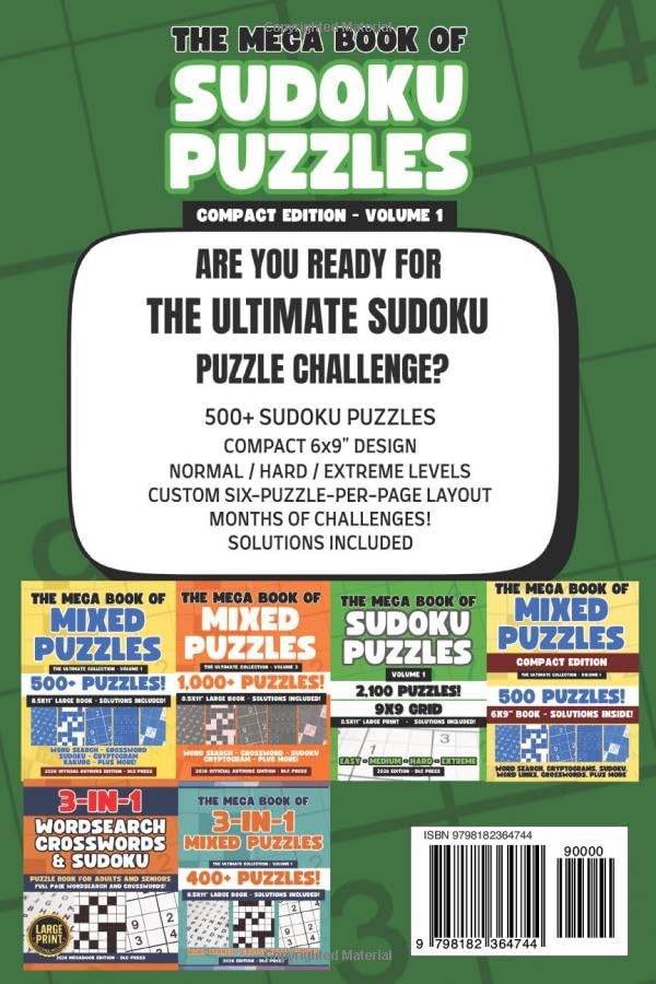 The Mega Book of Sudoku Puzzles Compact Edition Volume 1: The Ultimate Puzzle Challenge: 500+ Sudoku Puzzles | Normal, Hard and Extreme Levels | 6 ... Book (Mixed Compact Puzzle Book Series) image 3