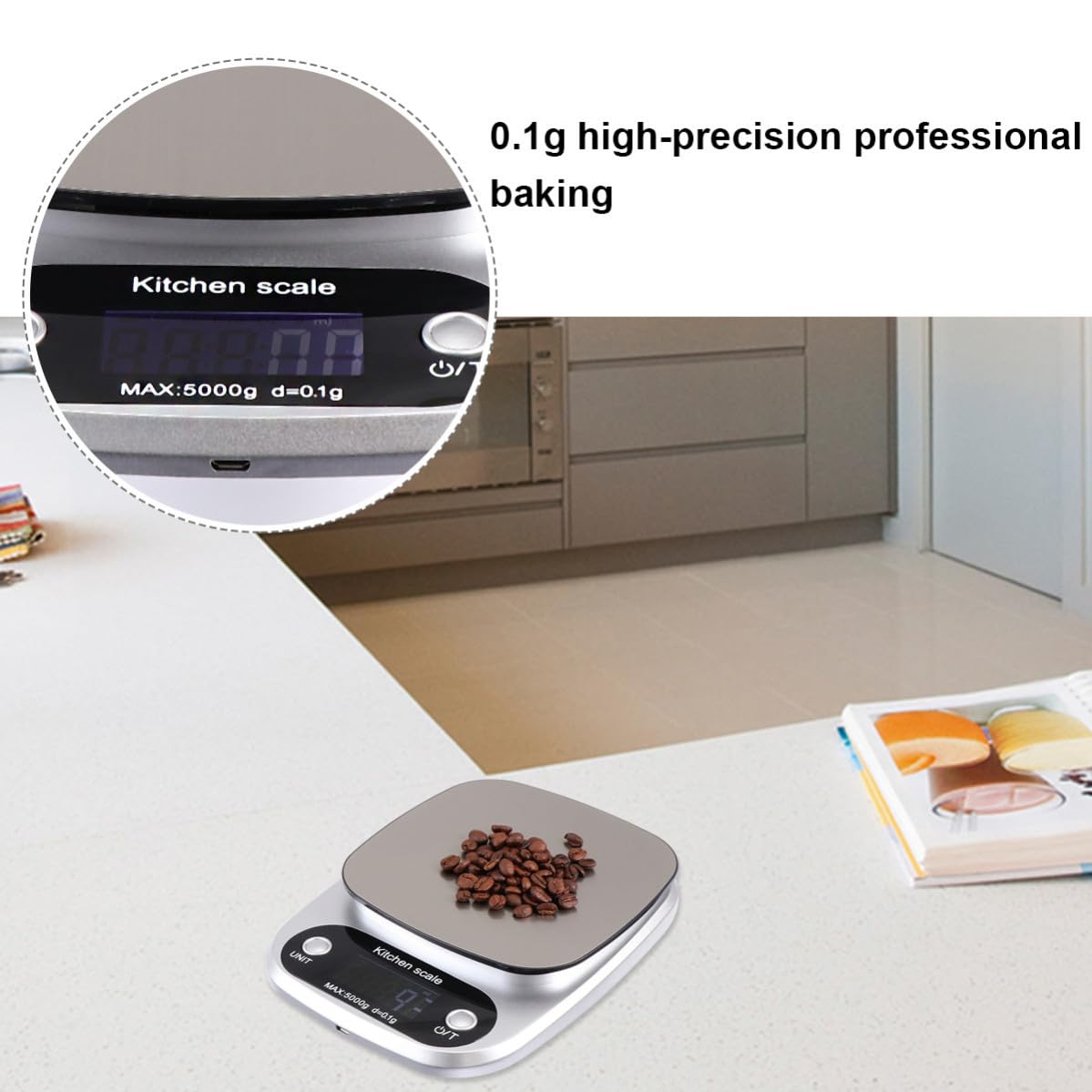 Báscula Digital Pantalla Lcd de Cocina de Acero Inoxidable Recargable Capacidad de 5kg y Precisión de 0,1g para Uso en Cocina y Repostería