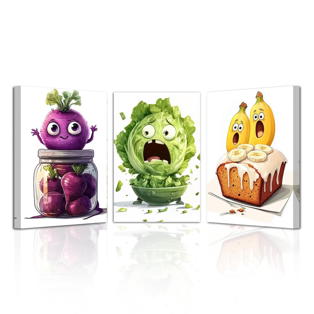 LZIMU Funny Kitchen Wall Art Picture Frame 3 Pieces Whimsical Pickle Canvas Prints Humorous Vegetable Food Paintings for Restaurant Dining Room Decor (Purple, 24x36inchx3 Pieces)