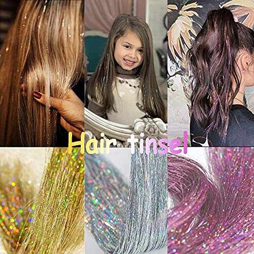 Hair Tinsel Kit Strands With Tool 48 Inch 3 Colors 1500 Strands Fairy Tinsel Hair Extensions Sparkling Shiny Silver/Gold/Pink Hair Tinsel Heat Resistant Silk Holographic Hair Tinsel (1500 Strands)