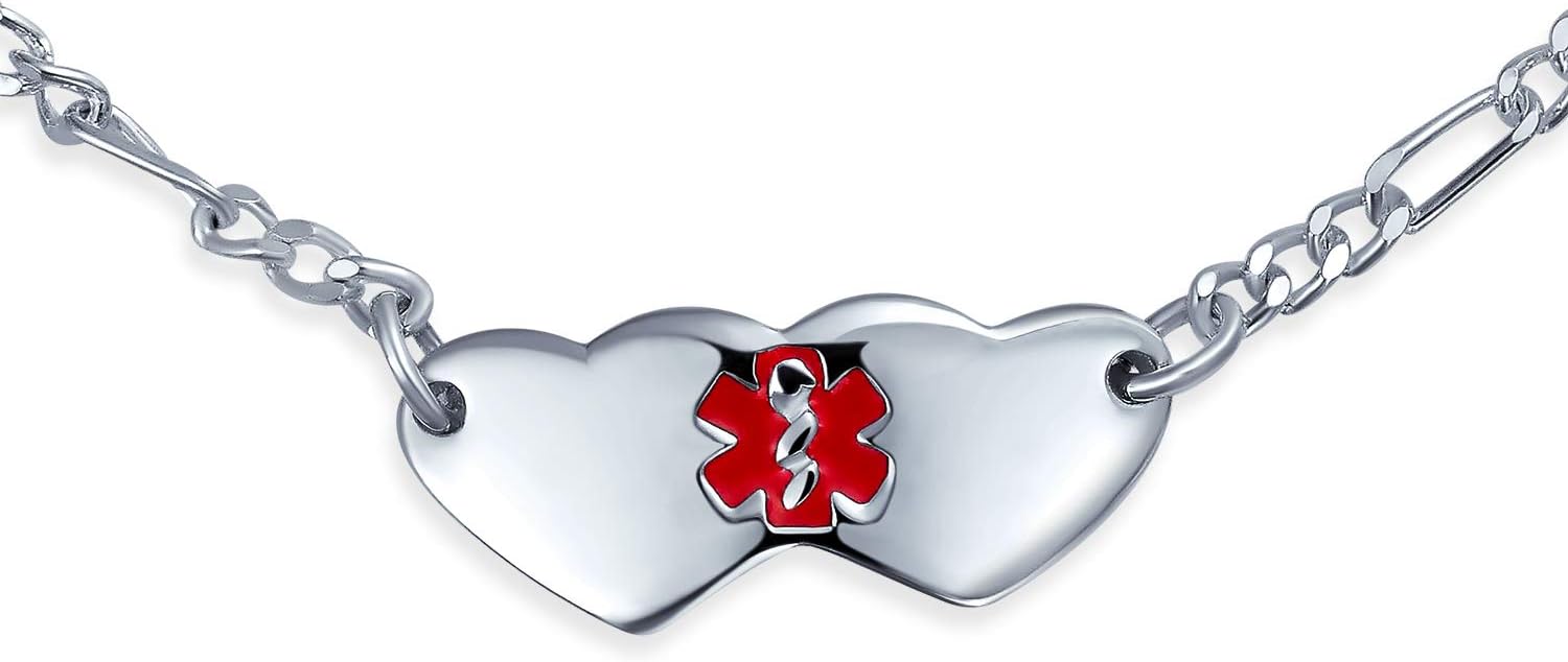 Blank Dainty Connected Oval or Double Heart Shape Medical Identification Engravable Medical ID Bracelet For Teens His or Hers Son & Daughter .925 Sterling Silver Small Wrist 6-7 Inch