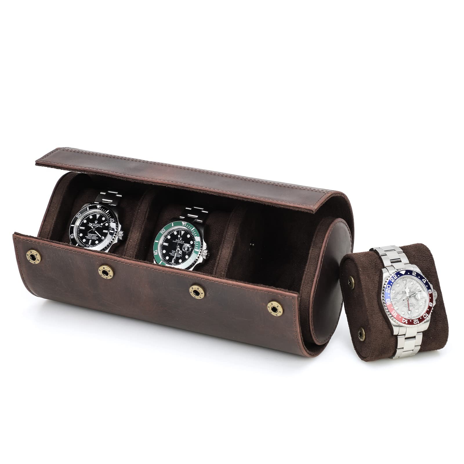 NFBCXUTKW Hiram Watch Roll Case for 3 Watches Handmade Genuine Leather Storage Travel Watch Cases with Removable Cushion Mounting Design