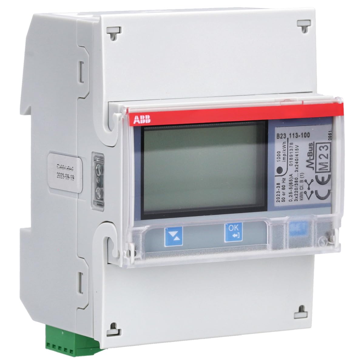 Contador de energía eléctrica B23 113-100, digital, clase de energía activa ± 1%, 3 fase, subfunción acero, M-bus (Referencia: ABB 2CMA100165R1000)