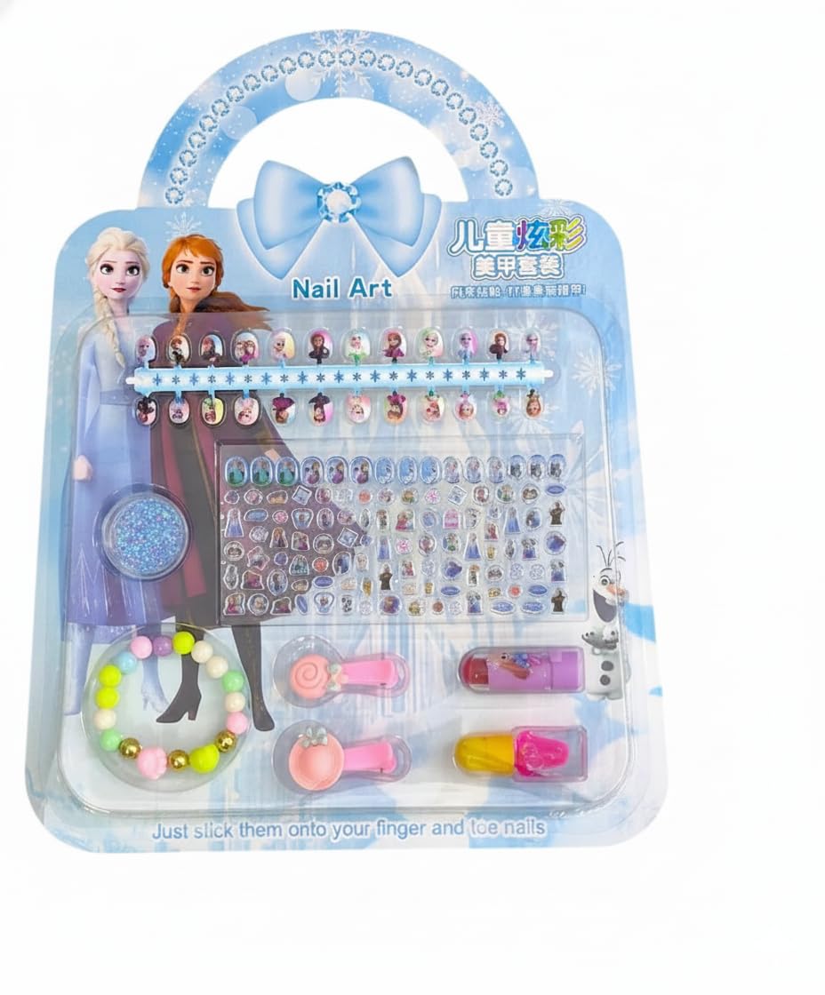 KRySt Kids Nail Art Kit with Small Press-On Nails (1 Set) – Unicorn Nail Patches, Stickers, Mini Nail Colors, Hair Clips & Bracelet for Girls (Frozen)