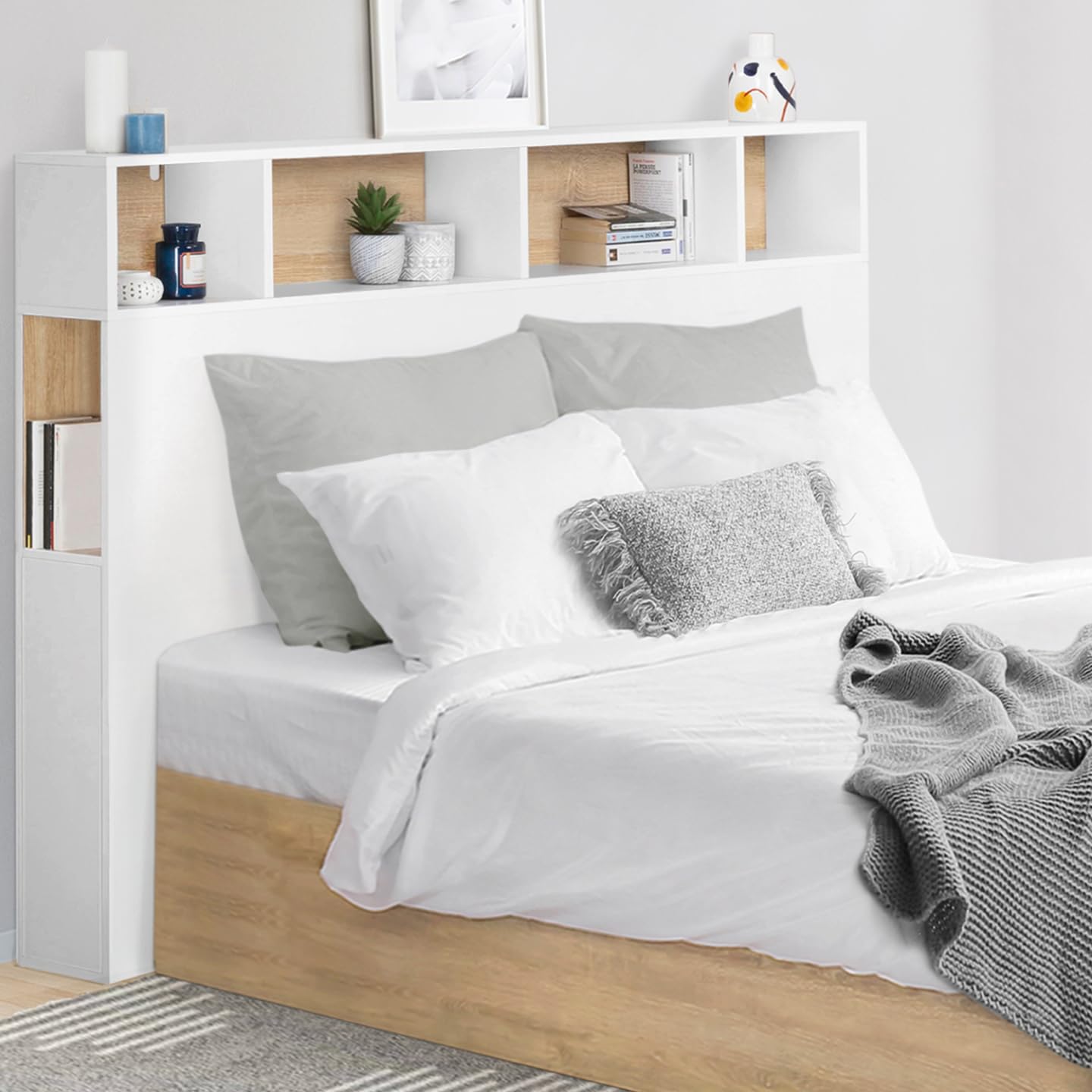IDMarket - Tête de lit sur Pied Cleo 145 cm avec rangements fermés et niches Blanc et façon hêtre