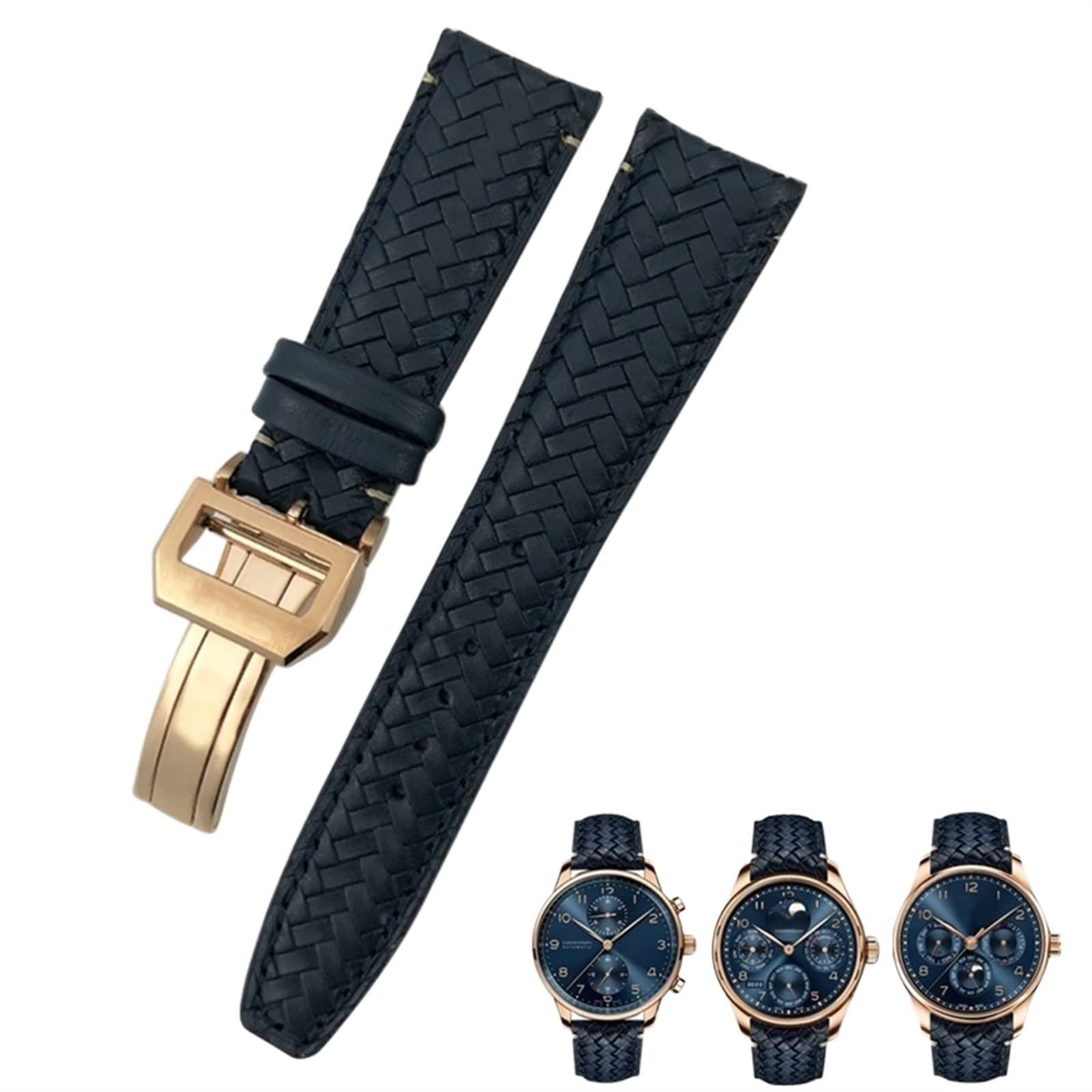 Bracelet de montre en cuir de vache pour IWC Portugieser, style tissé élégant bleu foncé rose - 8