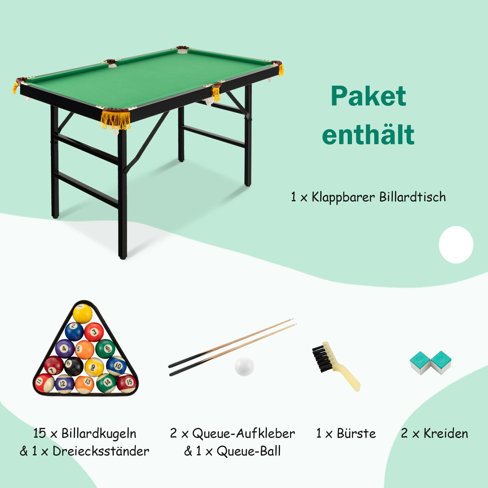 GOPLUS klappbarer Billardtisch, Billiard Tisch mit Zubehör, Snookertisch mit 16 Kugeln, 2 Queues, 2 Kreide, Bürste und Dreieck, Tischspiel für Kinder & Erwachsene, 122 x 64 x 78 cm