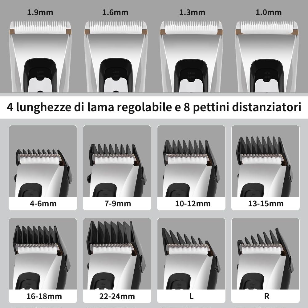 Tagliacapelli Uomo Professionale Regolabarba Elettrico Lama Regolabile Ceramica Titanio con 8 Pettine di Precisione Schermo LCD Impermeabile