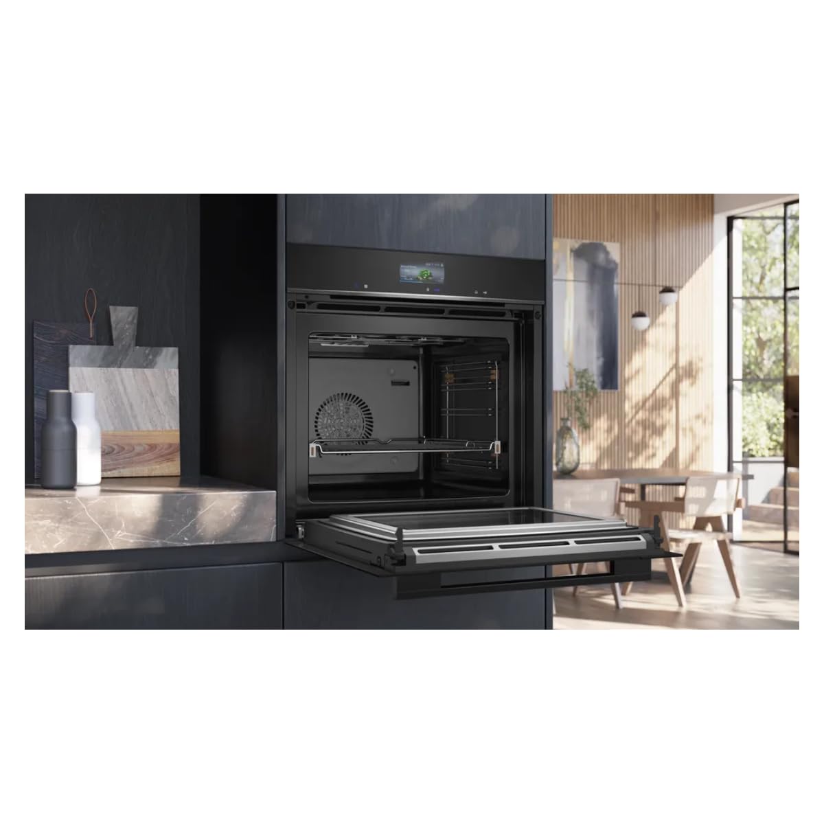 Siemens HM736GAB1 iQ700 - Forno da incasso intelligente con funzione microonde, 60 x 60 cm, made in Germany, 800 W, nero, ecoClean & humidClean autopulente, Air Fry, cookControl, touch screen a colori