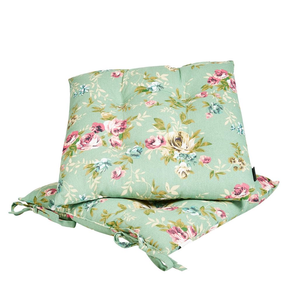 Dining Chair Seat Pad Set of 2 Tie On Floral Print Chair Cushions (Green)