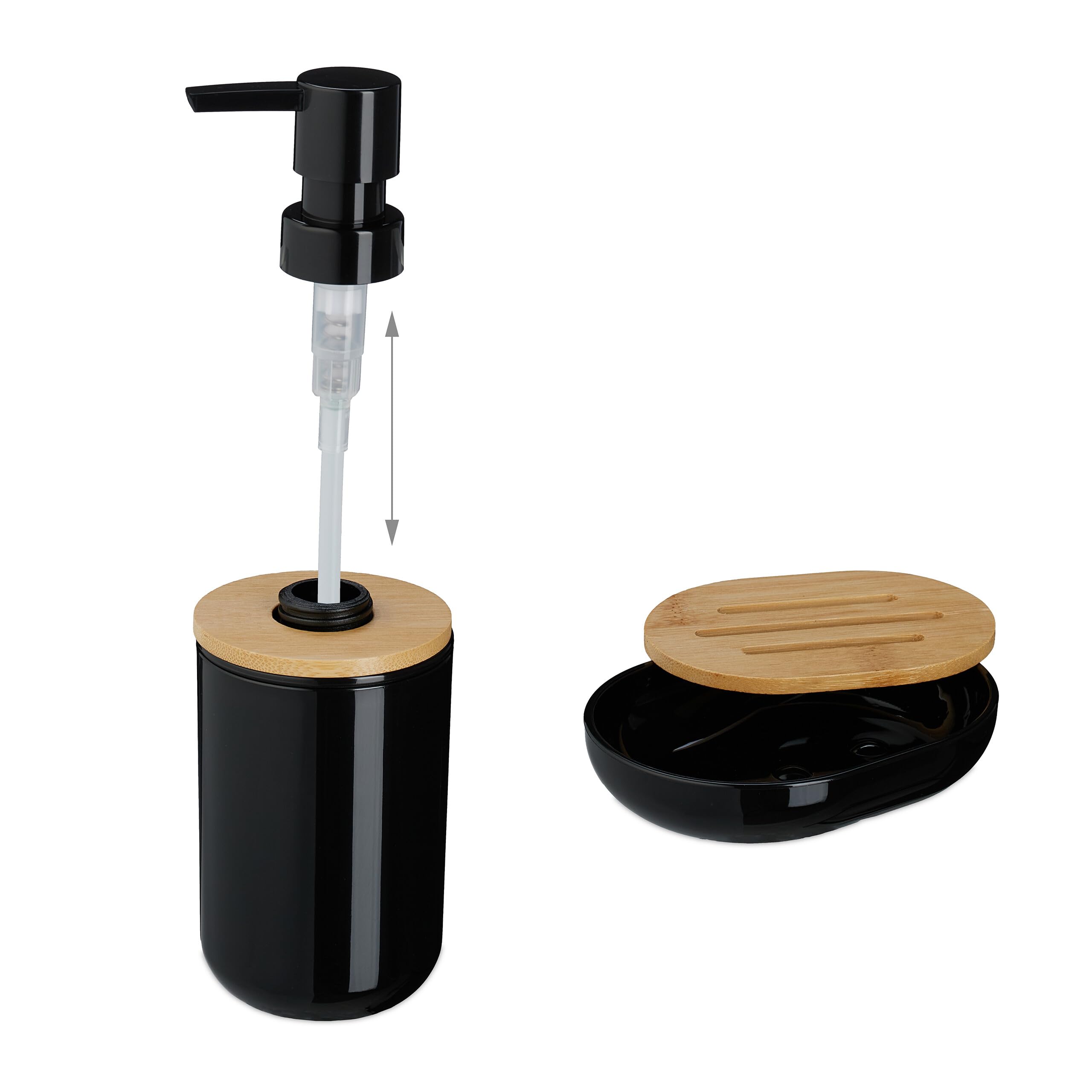 Relaxdays Lot de 7 Accessoires pour la Salle de Bain, Plastique et Bambou, Set Pratique, Noir et Nature