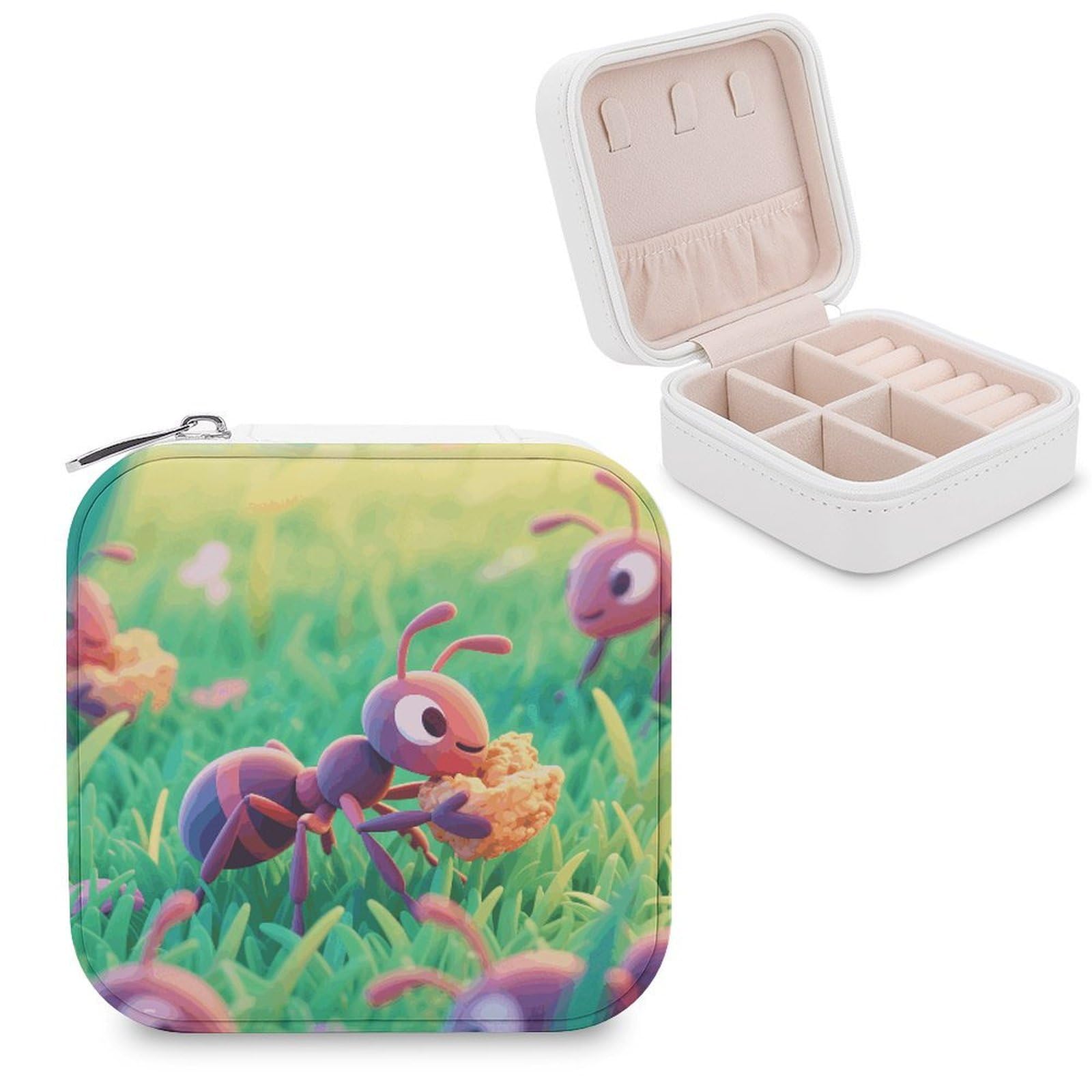 VstaDank Ants Foraging Jewelry Box for Women Jewelry Organizer Storage Case with Zipper Mini Travel Jewelry Case Cute Trinket Organizer Leather Portable Jewelry Storage Box