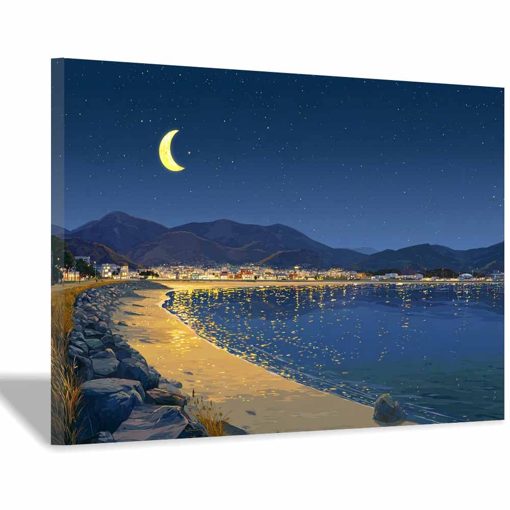 DMZPKZB Landscape Wall Art Moonlit Coastsal Night Landscape Picture Artwork Prints,Vintage Poster Decor,For Living Room,Bedroom,kitchen,Office,Corridor(Multicolor)-50x70cm Framed