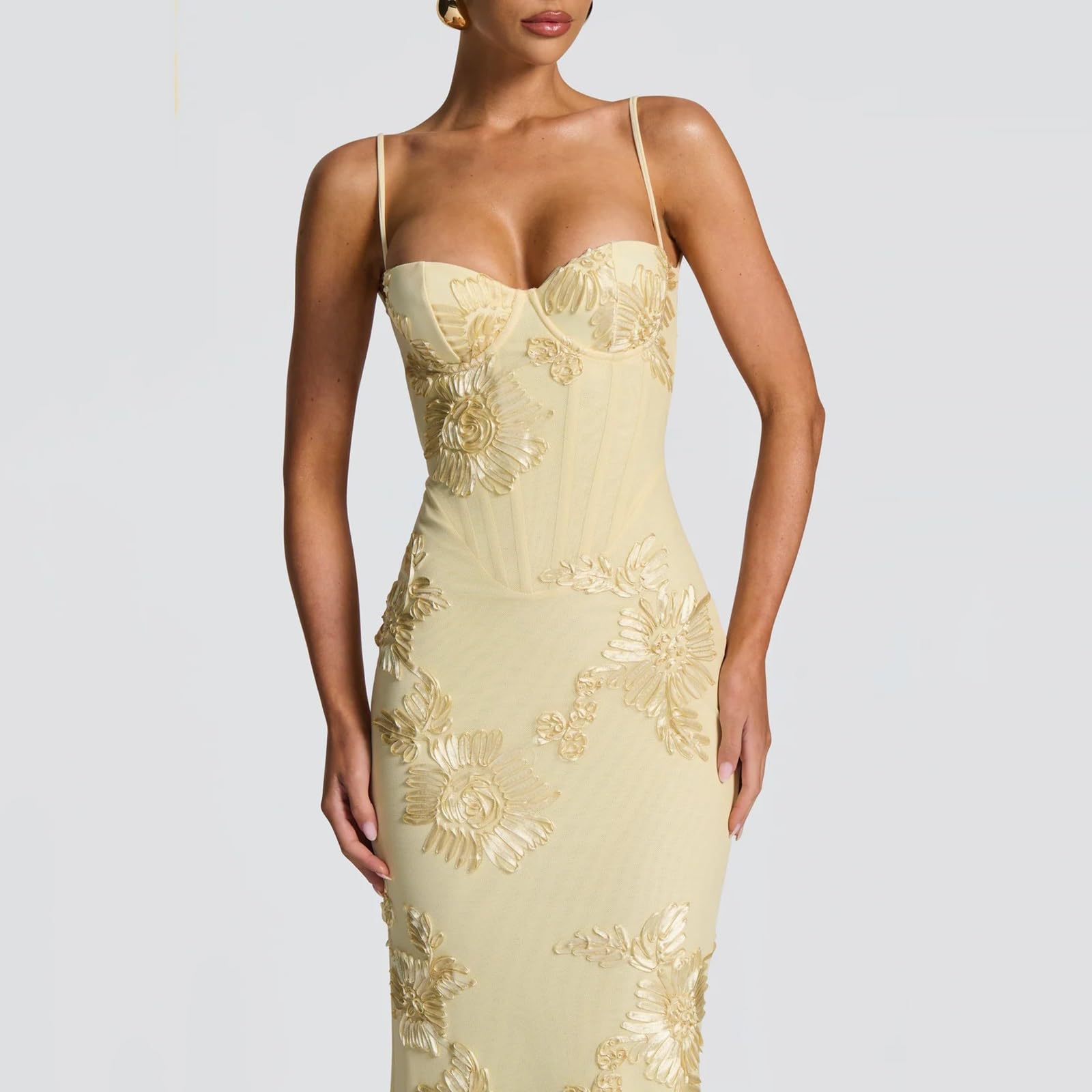 Abito Lungo con Ricami Floreali, Cintura In Vita Lacci Sul Retro Spalline Sottili Modello Lungo Fino A Terra Abito Da Sera Elegante e Da Banchetto