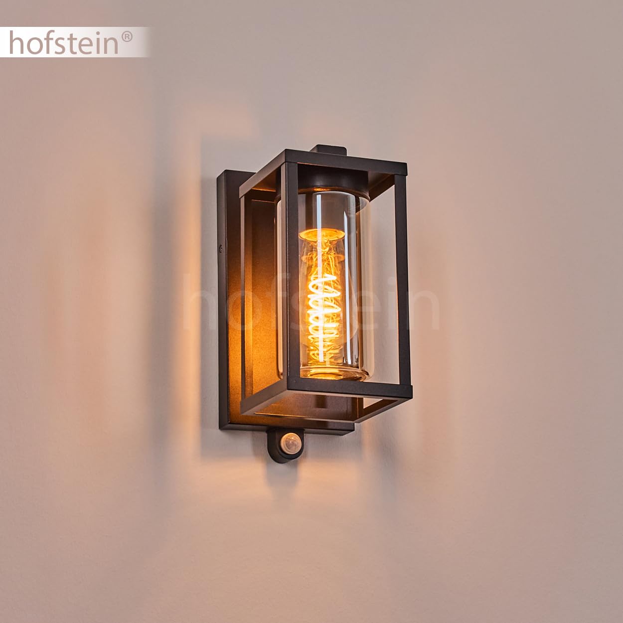 HOFSTEIN Außenwandleuchte Portalis, Außenwandlampe m. Bewegungsmelder aus Metall/Glas in Schwarz/Rauchfarben, Wechselglas Klar, Wandleuchte im Industrial-Stil, E27, IP44, Eingangsbereich, Haustür