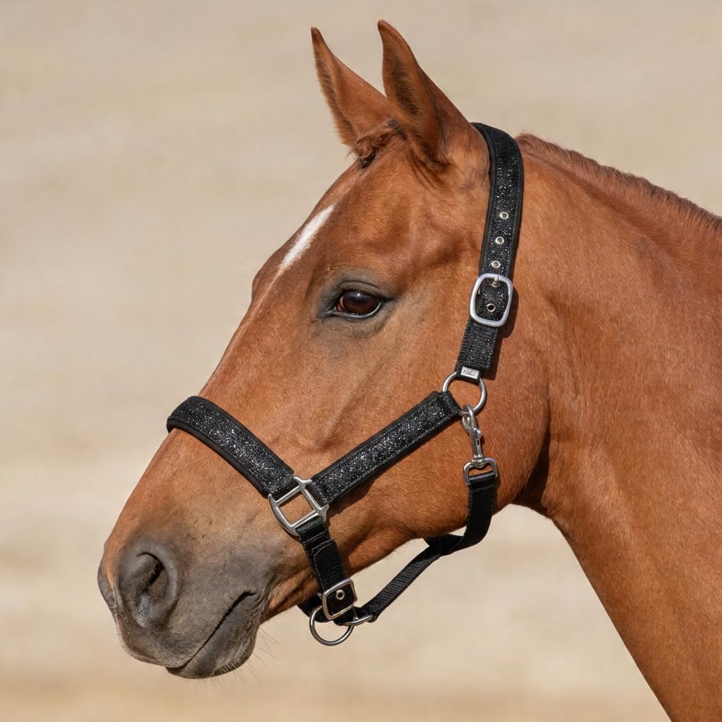 Pferdelinis Cavezza per cavalli con brillantini, cavezza imbottita, fibbie ad ardiglione regolabili, cavezza pony, Cob, sangue caldo, Shetty (nero, Cob purosangue)