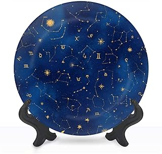 Decorative Ceramic Plates for Display with Stand, 8" Starry Night Sky Zodiac Constellations Gold Symbols Dinner Plate for Wall Hanging Tabletop Decor Home Housewarming Gifts