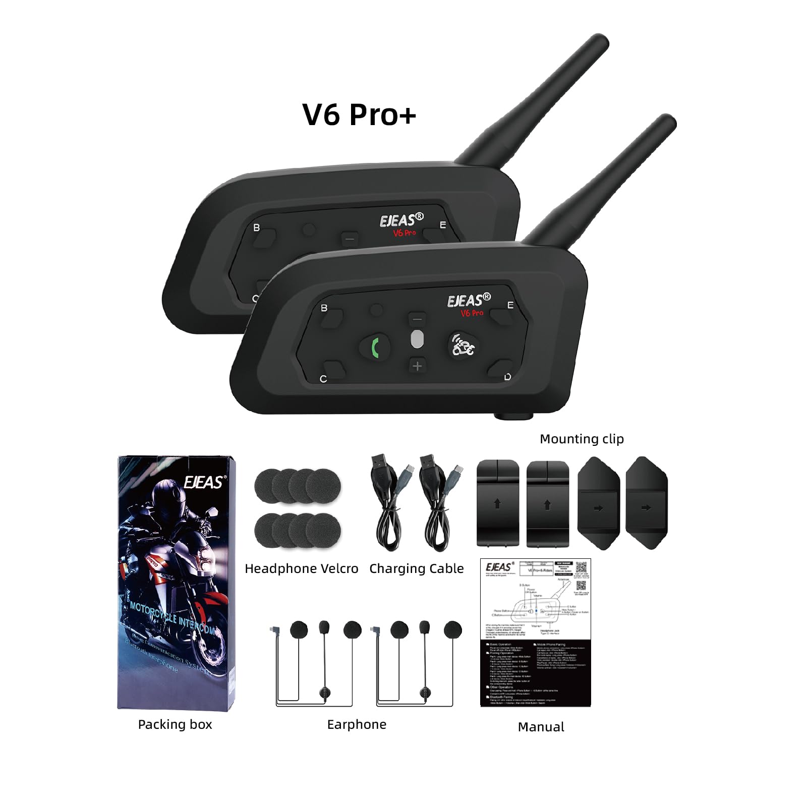 EJEAS V6 Pro + Casque de Moto Bluetooth 5.1, Version améliorée V6 Pro, équipé d'une Interface de Type C (Lot de 2)