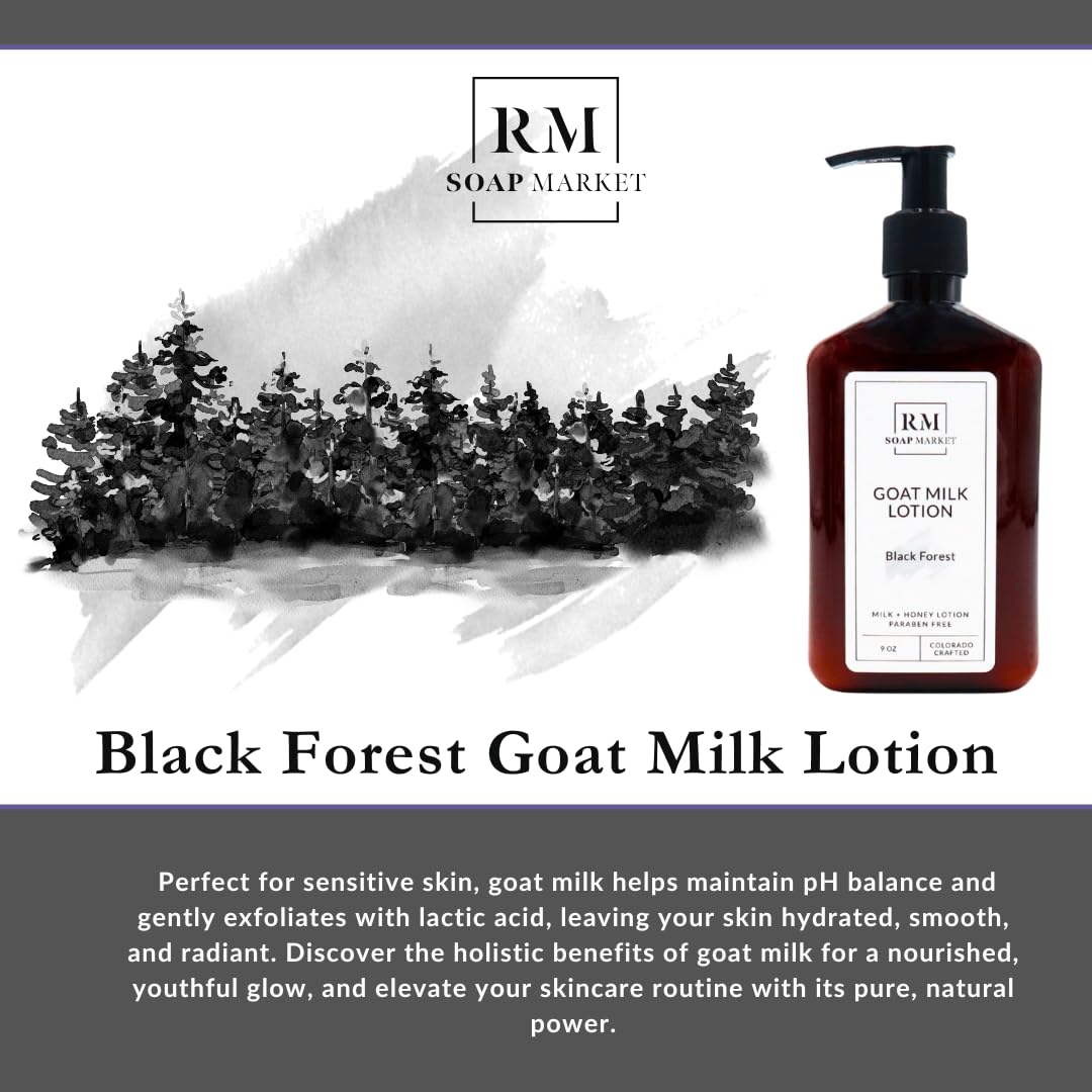RM Soap Market Goat Milk Lotion, Black Forest Fragrance, Hydrating Lotion for Men and Women, Infused With Nourishing Goat Milk, Shea Butter, Sunflower Oil, and Aloe, Soft Amber & Tobacco Scent, 9 Oz