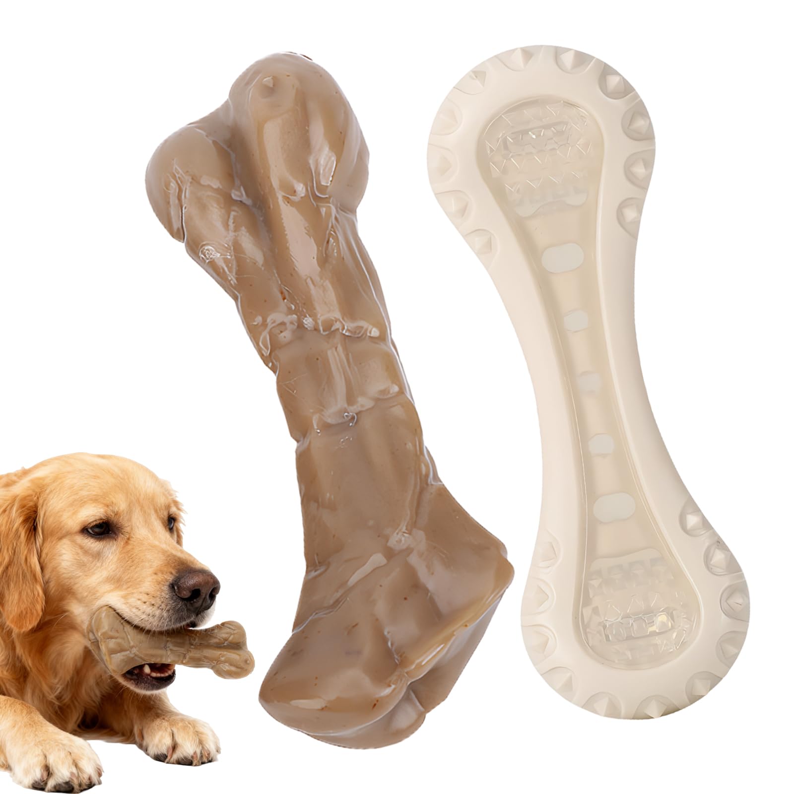 HEUIOP 2 Pcs Indestructible Dog Toys, Long Lasting Beef Flavour Dog Chew Toy, Tough Dogs Toys for Aggressive Chewers, Teeth Brushing, Grinding, Boredom Breaking (Bone)