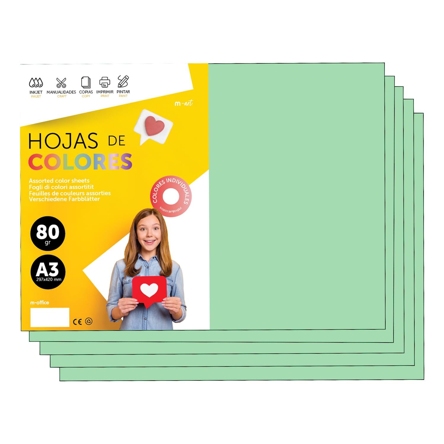 Colourful Paper A3 80 g for Printers & Crafts, Coloured Sheets for Children, Creative Projects, Cards & School m-Office (500 Sheets, Light Green) โ image 1