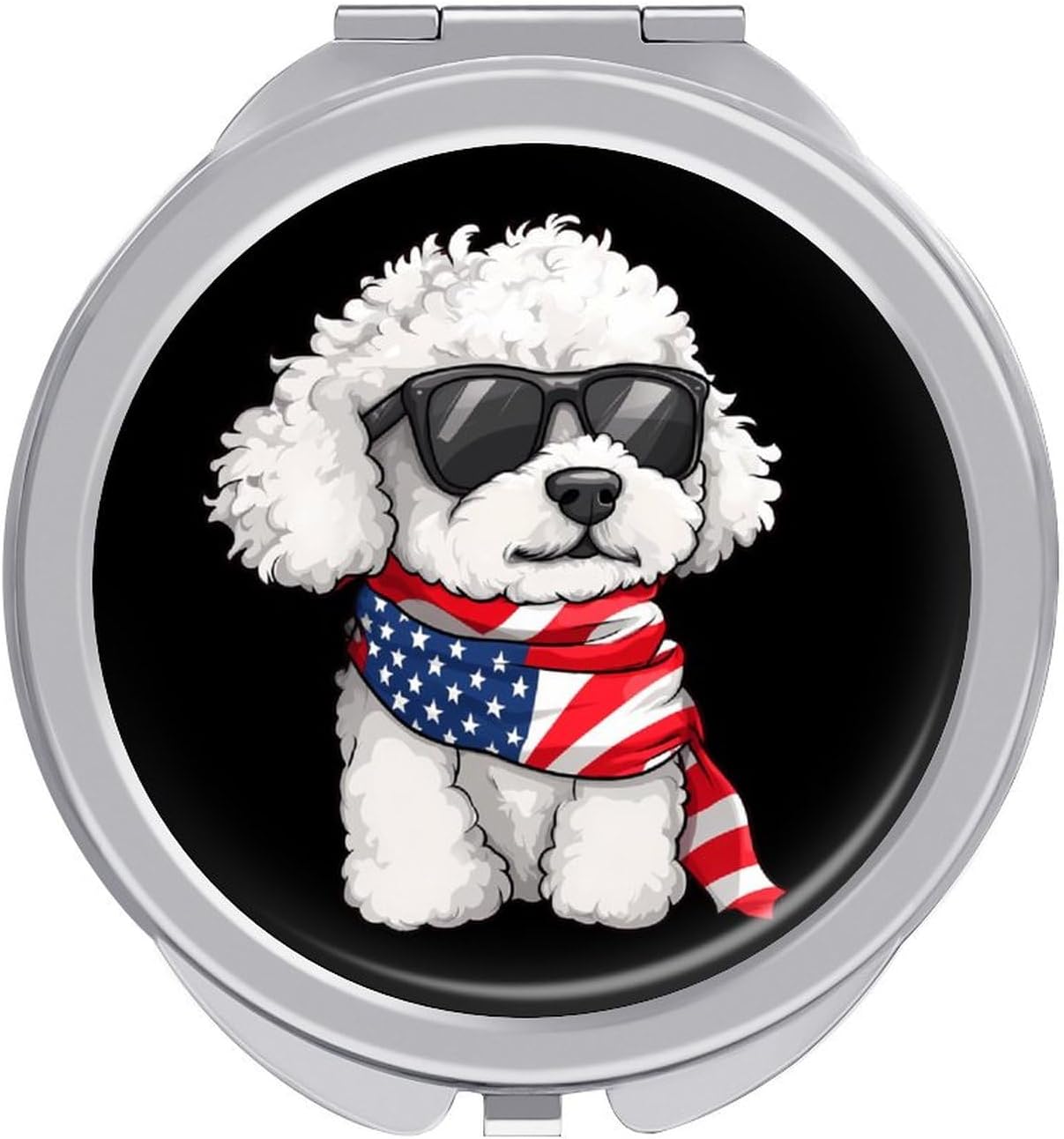 4th of July US Flag Bichon Frise Dog Compact Makeup Mirror Mini Foldable Cosmetic Mirror Portable Travel Mirror for Purse Pocket