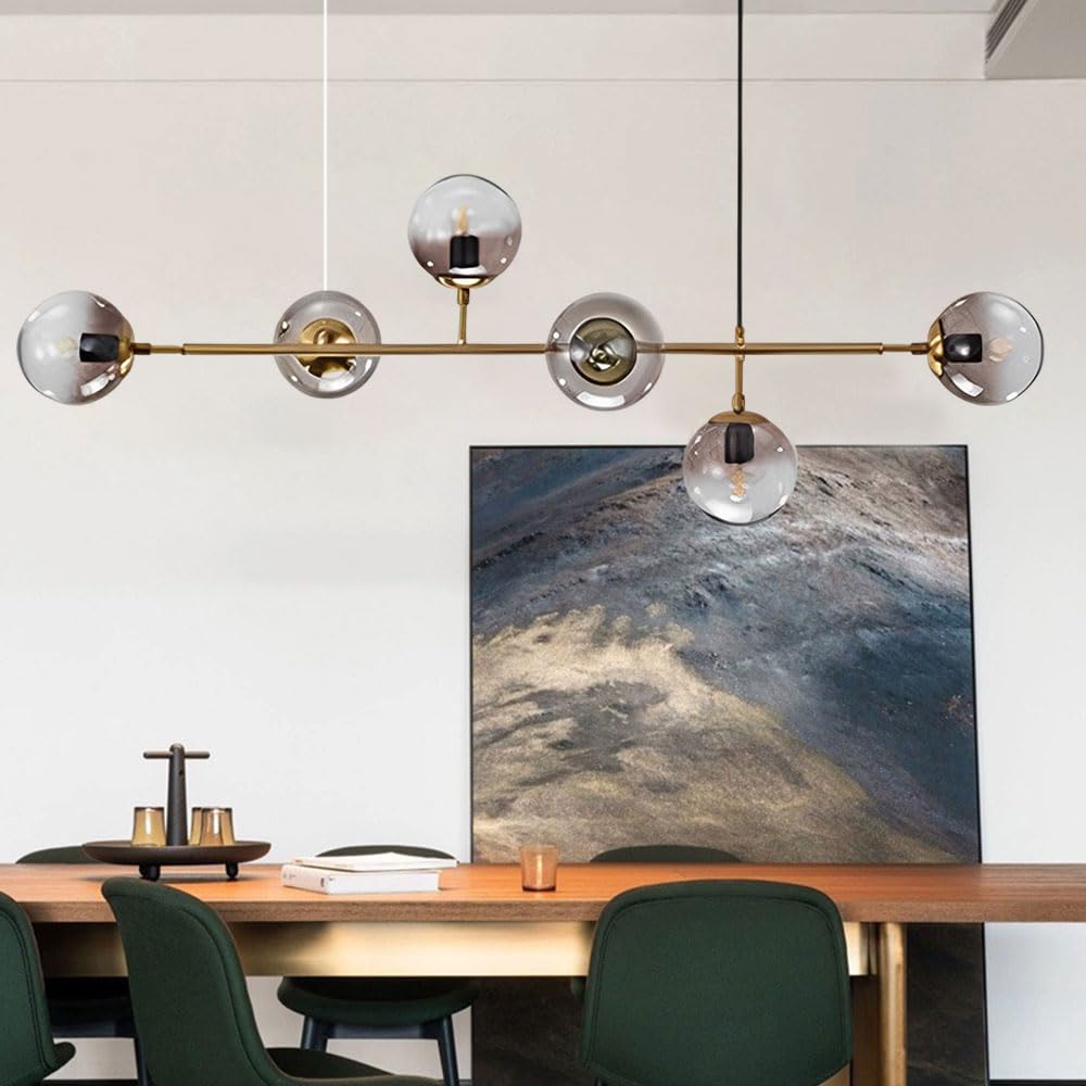 Suspension D'îlot De Cuisine Moderne 130 Cm G45 Lustre Minimaliste Lampe Suspendue Boule De Verre Réglable Éclairage Suspendu À 6 Lumières pour Salle À Manger Salon Cuisine Bureau