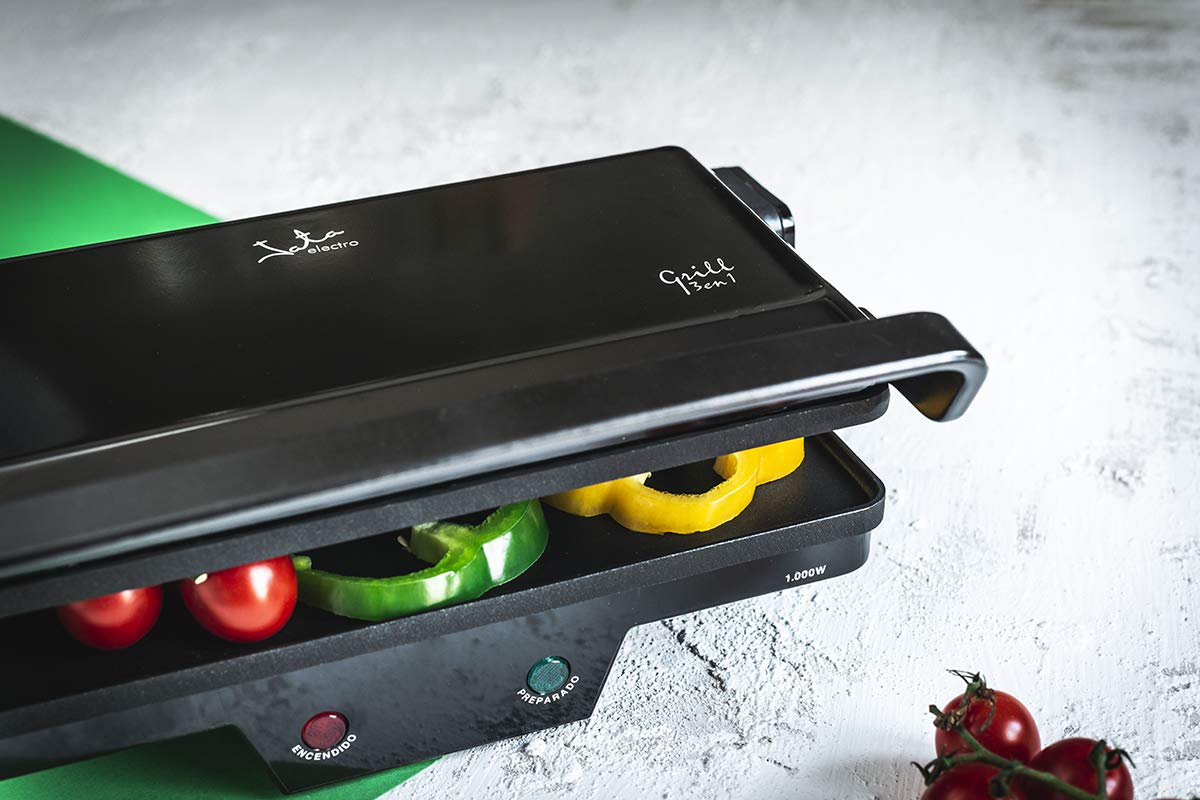 JATA GR266 - Parrilla Electrica Grill. Plancha Eléctrica 3 en 1. 1000 W, Placas Mixtas Antiadherentes 27 x 14 cm, Placa Superior Baja Recta. Apertura 180 grados, libre de PFOA