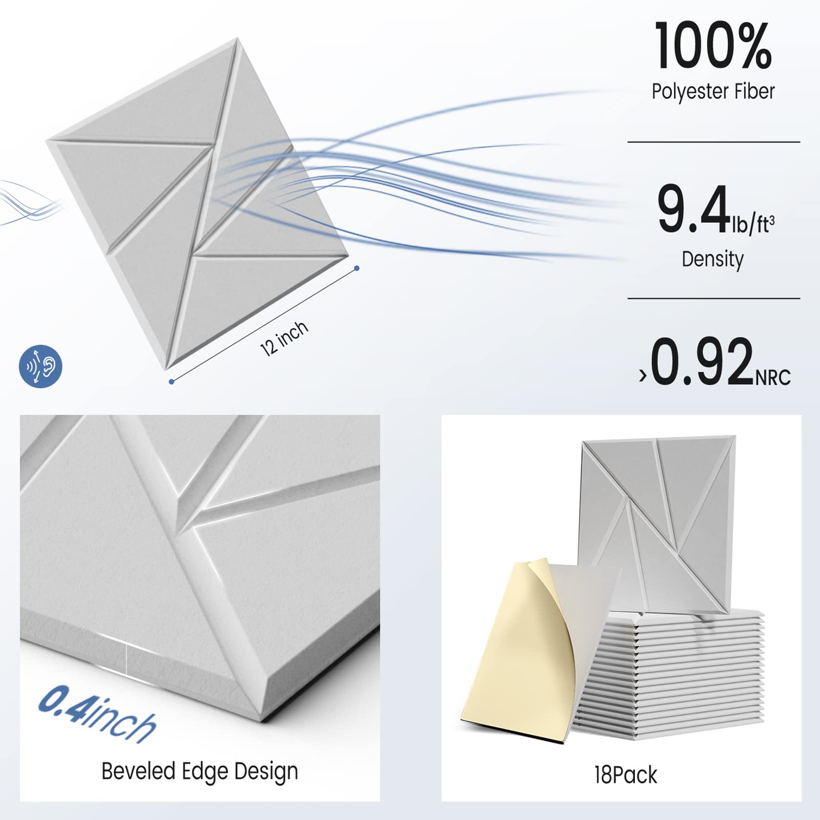 18 pack Acoustic Panels With Self-Adhesive, 12"X 12"X 0.4"Sound Proof Foam Panels, Sound Panels High Density, Soundproof Wall Panels for Home Studio Office-White