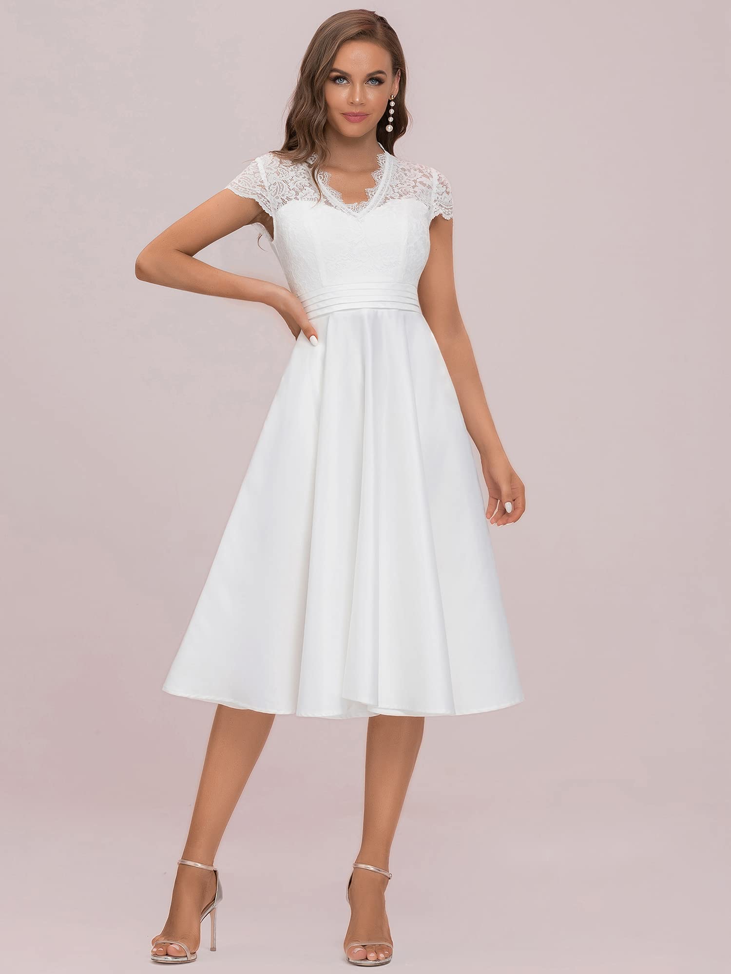 Ever-Pretty Abiti da Damigella Pizzo Maniche Corte Scollo a V Stile Impero Linea ad A Elegante Midi da Donna 40400